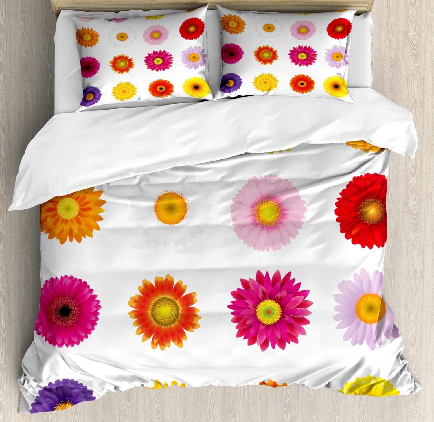 Ambesonne Gerbera Duvet Cover Set - Queen Size 3 Piece Floral Bedding with 2 Pillow Shams, Colorful Summer Petals Print on Plain Backdrop, Romantic Boho Decor for Master Bedroom, Guest Room or Dorm