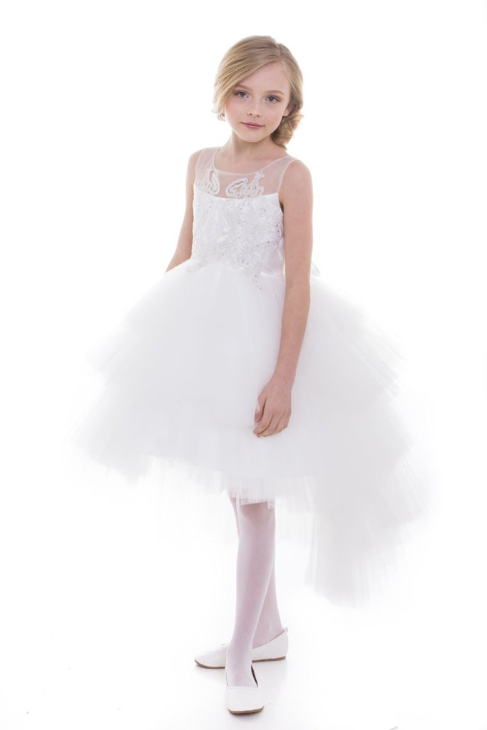 Big Girls Ivory Beaded Hi-Low Ruffle Abella Special Occasion Dress Size 8-12 | Formal Party, Wedding Guest, Quinceañera Outfit