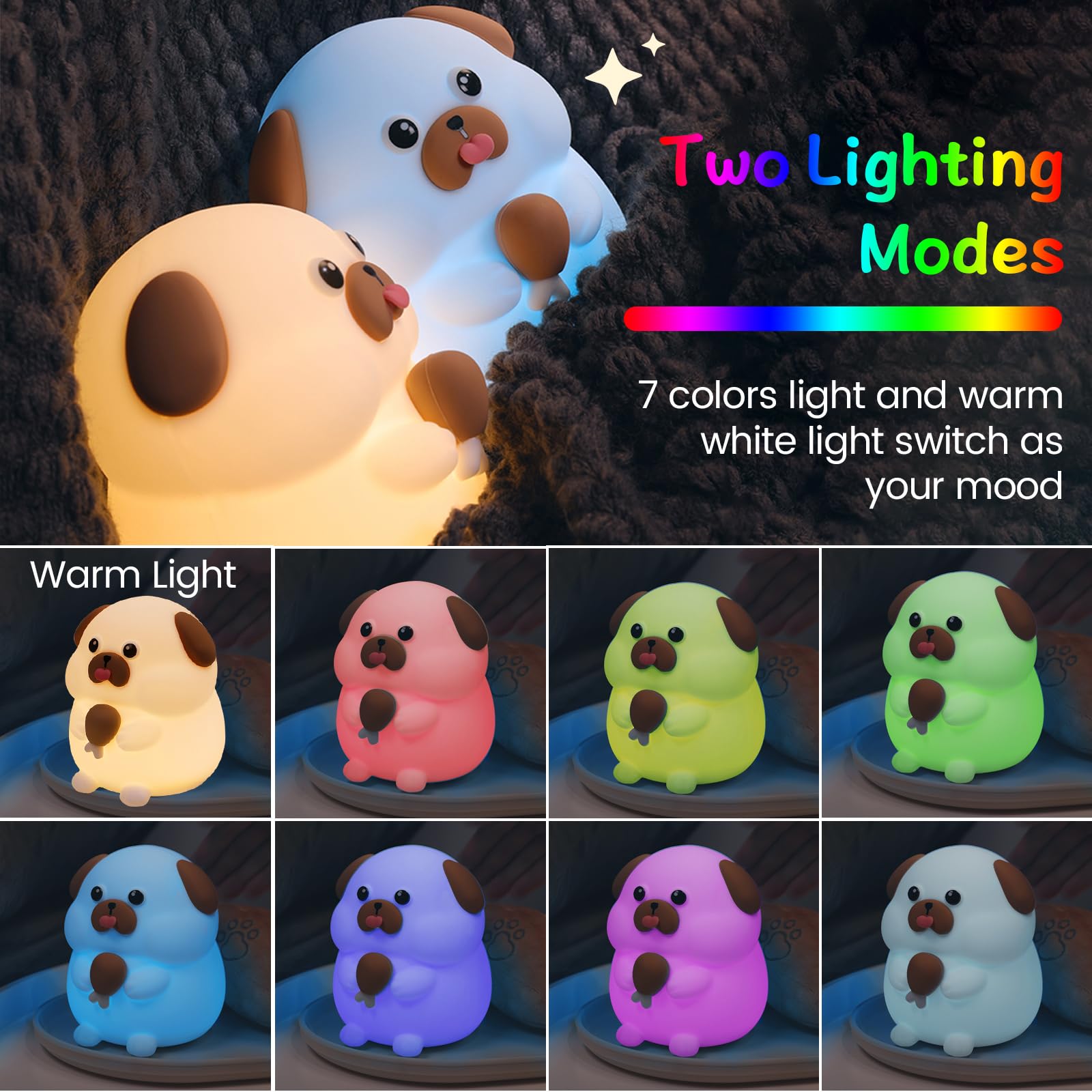 Greedy Dog Night Light for Kids - 3-Level Dimmable, Touch Color Changing Silicone Nightlight | Rechargeable Bedside Lamp for Nursery, Children, Pregnant Women & Elderly | Perfect for Bedrooms, Baby Rooms & Nighttime Feedings