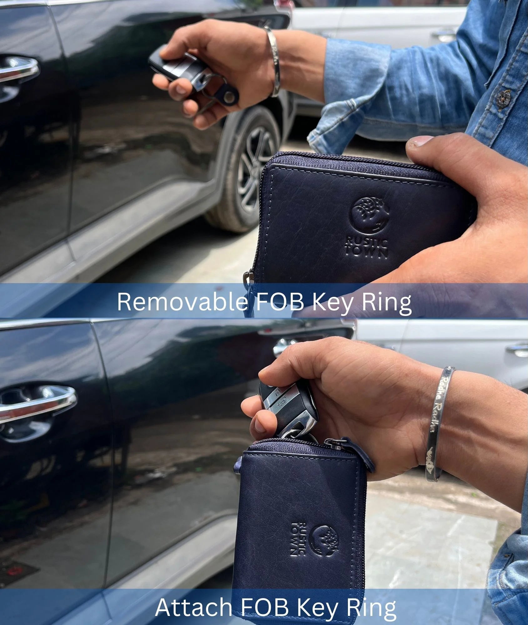 Premium Genuine Leather Key Holder Case - Zippered Key Organizer Wallet for Men & Women (Blue) - Perfect for Home, Office & Travel Organization