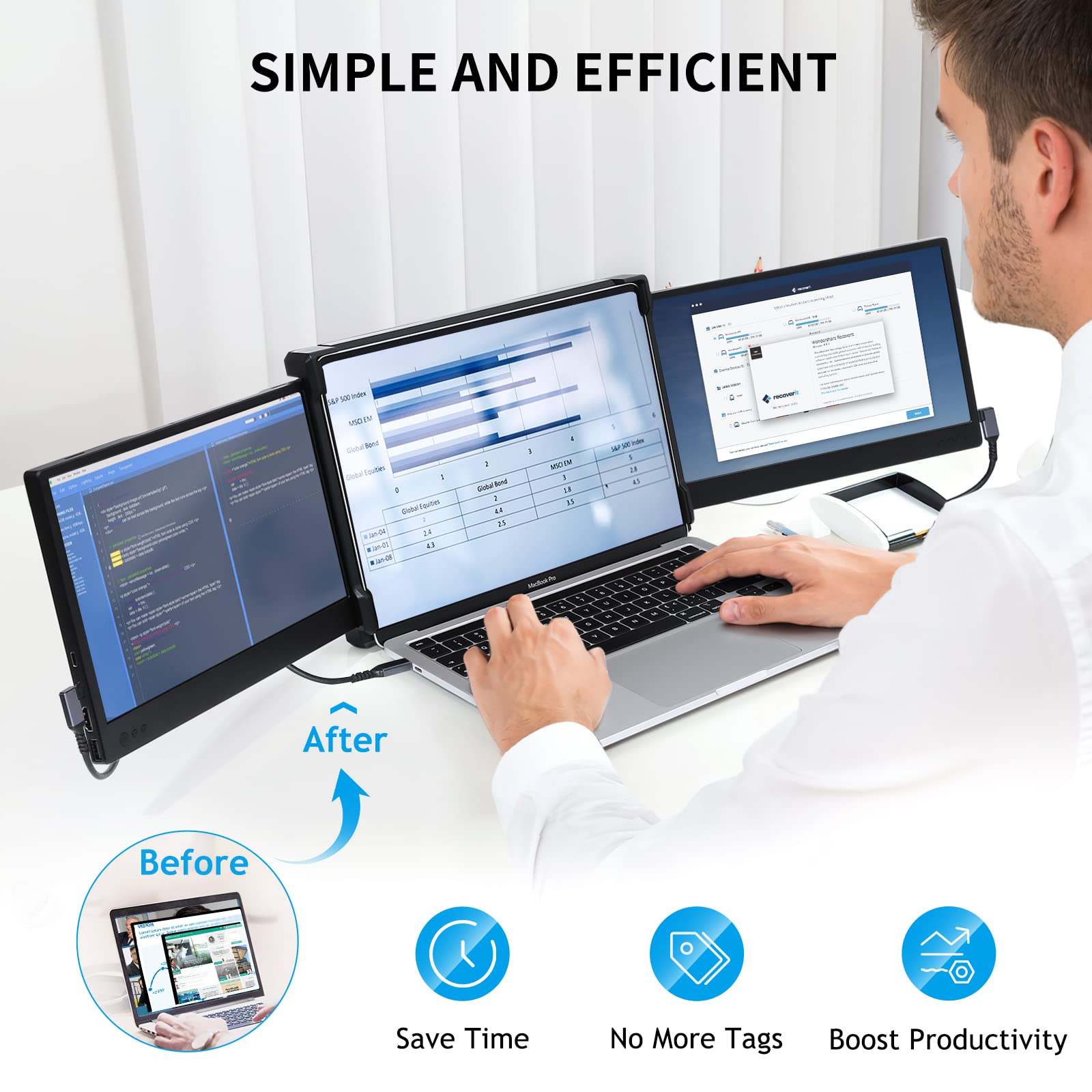 Alecewey P2 Triple Portable Monitor for Laptop - 12 Inch FHD 1080P IPS Display with USB-C/HDMI Ports, Built-in Speakers - Compatible with Mac, Windows, Phone (13-16 Inch) - Perfect for Office Work, Gaming & Multi-Tasking