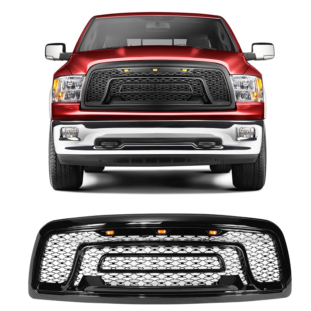IKON MOTORSPORTS Gloss Black Mesh Grille for 2009-2012 Ram 1500 - Upper Front Bumper Hood Grill Shell with LED Signal Lights | Perfect for Off-Roading & Truck Customization