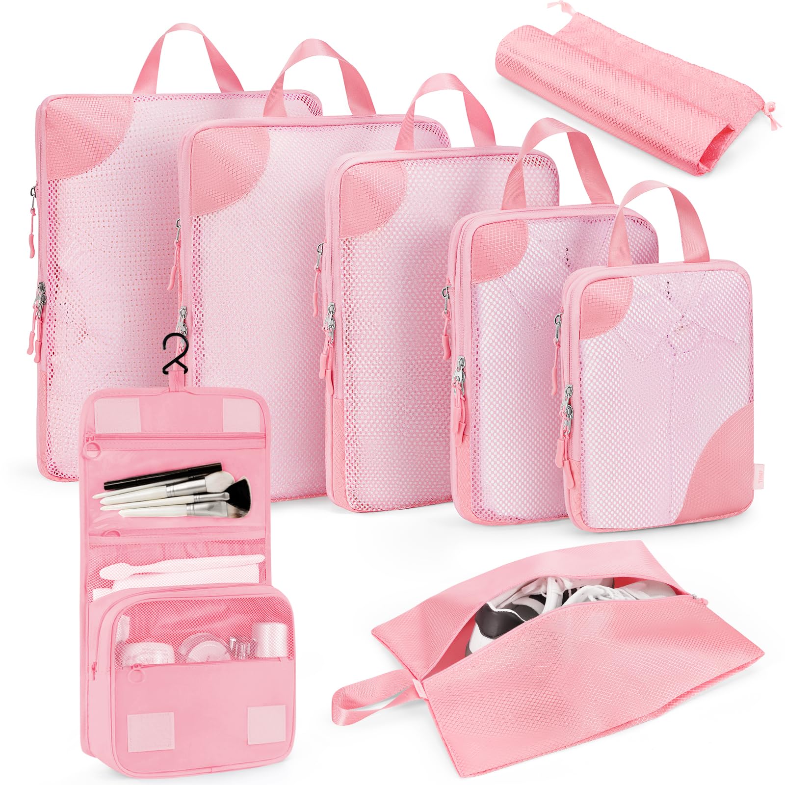 8-Piece Compression Packing Cubes Set - Expandable Travel Organizer Bags for Suitcases | Space-Saving Luggage Essentials | Perfect for Business Trips, Vacations & Weekend Getaways (Pink)