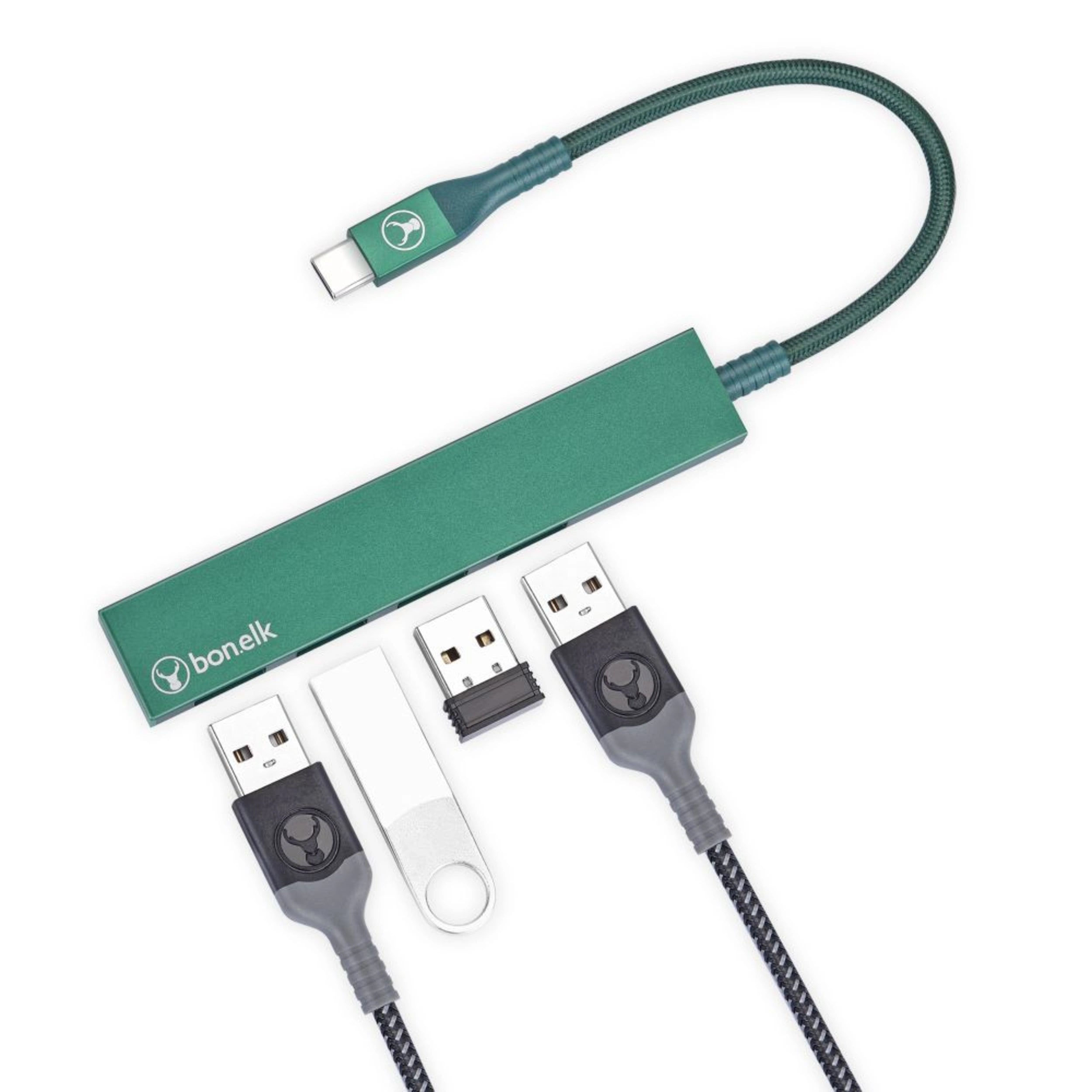 Bonelk Long Life USB C to 4 Port USB 3.0 Hub Adapter - Slim Multi-Port USB Splitter for Laptop, MacBook, PC (Green) | Perfect for Office, Travel & Home Workspace Connectivity