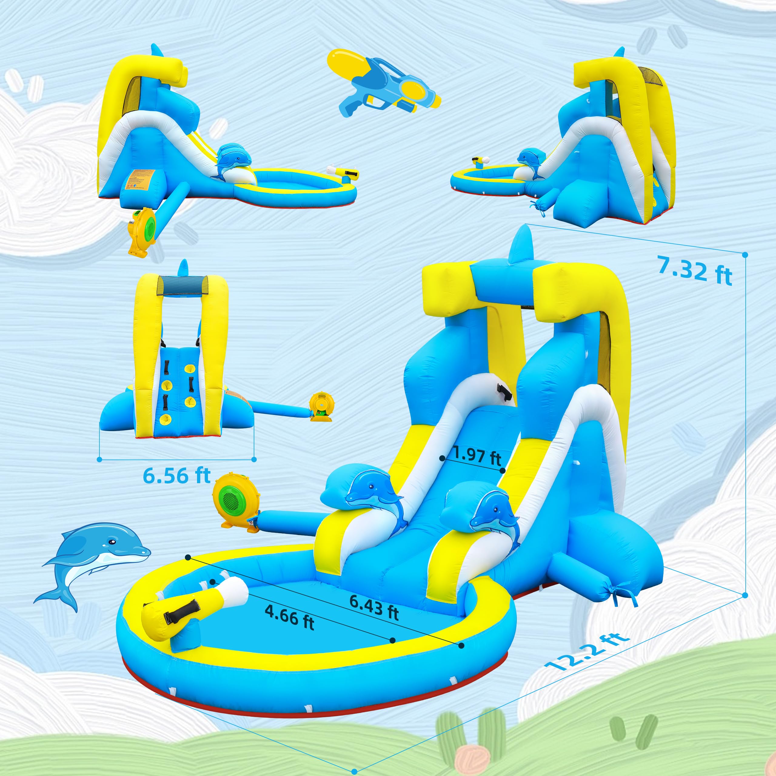 **Inflatable Water Slide for Kids - 4-in-1 Bounce House with Climbing Wall, Splash Pool & Water Cannon - 370W Blower - Wet & Dry Play - Indoor & Outdoor Backyard Birthday Party Fun**    *(Use Case: Perfect for summer parties, backyard fun, family gatherings, and kids' birthday celebrations!)*