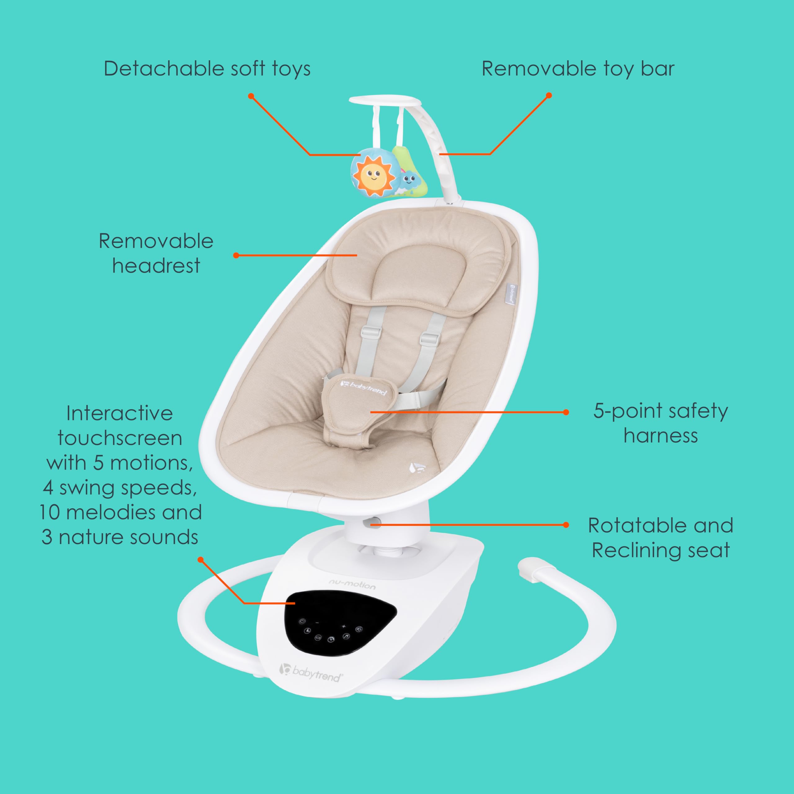 Baby Trend NuMotion Infinity Swing - Auto Gliding Baby Swing with 6 Speeds & Soothing Sounds, Dash Tan | Perfect for Newborns & Infants, Ideal for Nursery, Living Room & Travel