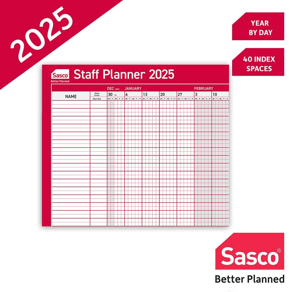 Sasco 2025 Unmounted Staff Year Wall Planner - Large 36 x 24 Inch (915 x 610mm) Poster - Perfect for Office, Classroom & Home Organization