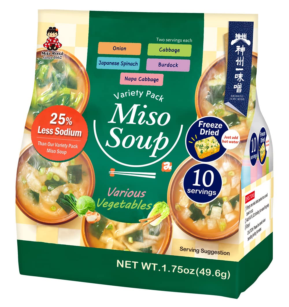 Miko Freeze Dried Miso Soup Variety Pack - 10 Servings, Low Sodium (25% Less Salt) - Quick & Easy Japanese Meal for Office Lunch, Camping & Home Cooking