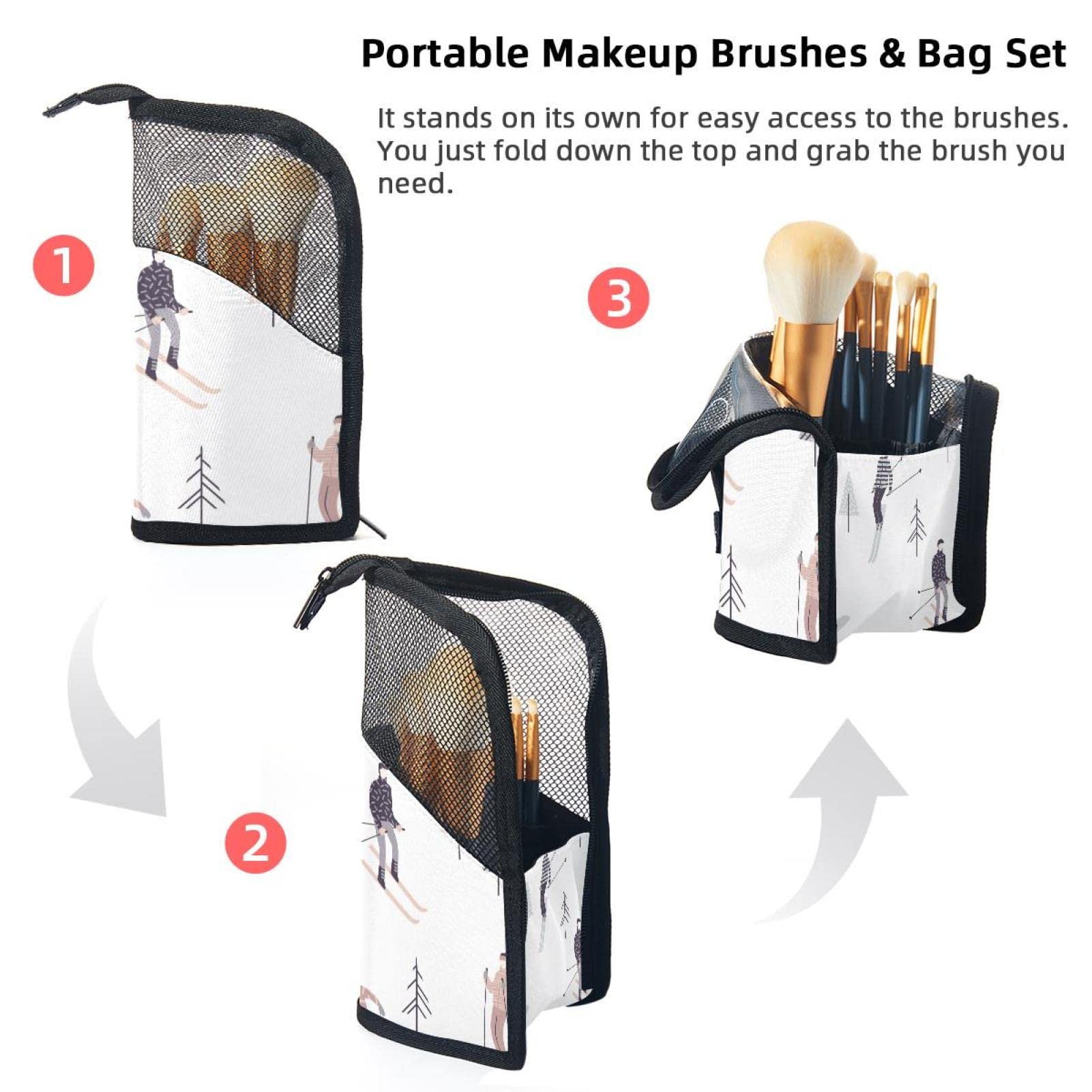 Portable Makeup Brush Organizer Bag with 12 Slots - Cute Tree & Skiing Cartoon Design - Travel Cosmetic Brush Holder Case for Home, Travel & Professional Makeup Artists