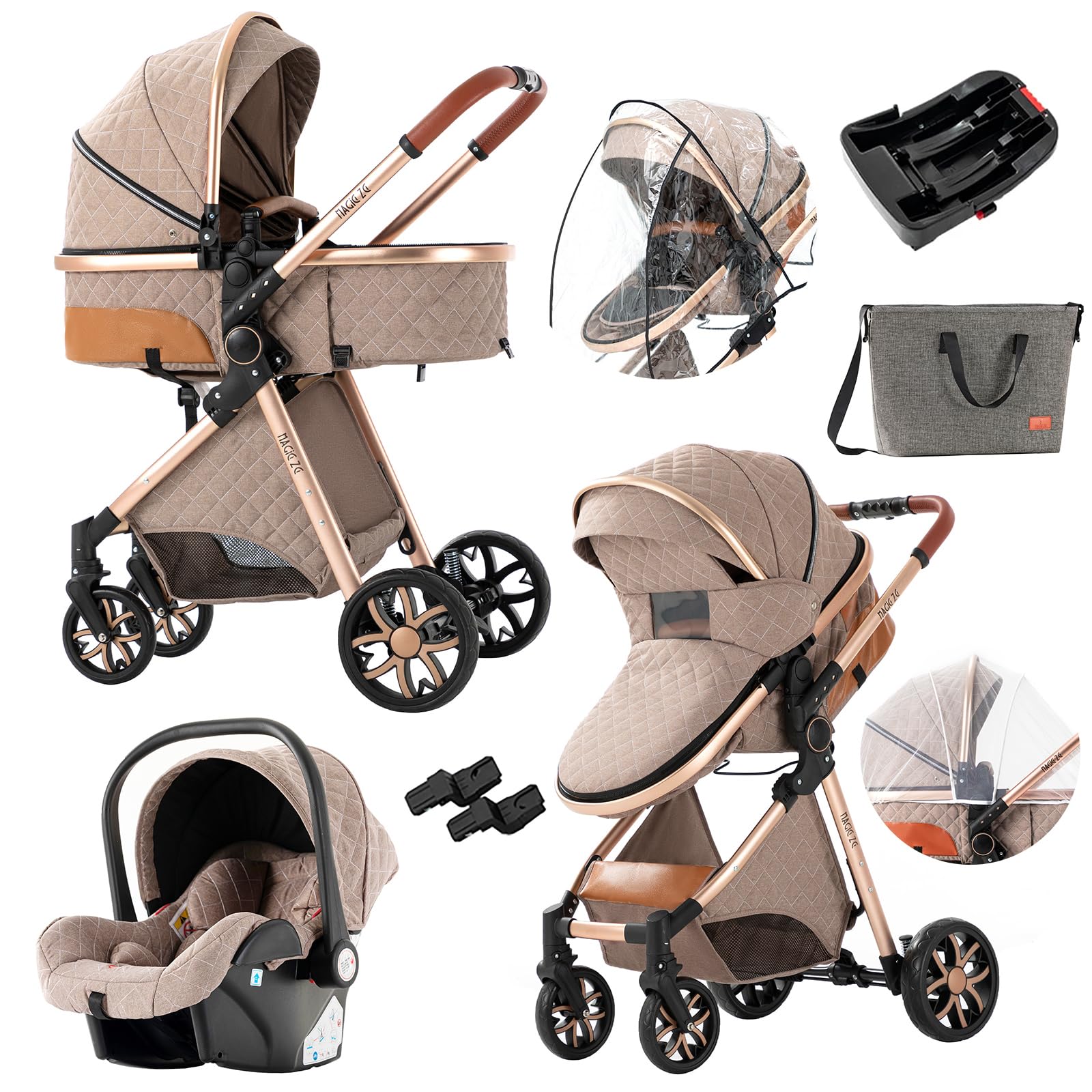 3 in 1 Convertible Baby Stroller Travel System - Reversible Infant Pushchair with Foldable Design & Luxury High Landscape Buggy for Newborns (UDV9-KHAKI with Base) | Perfect for Shopping, Travel & Outdoor Walks