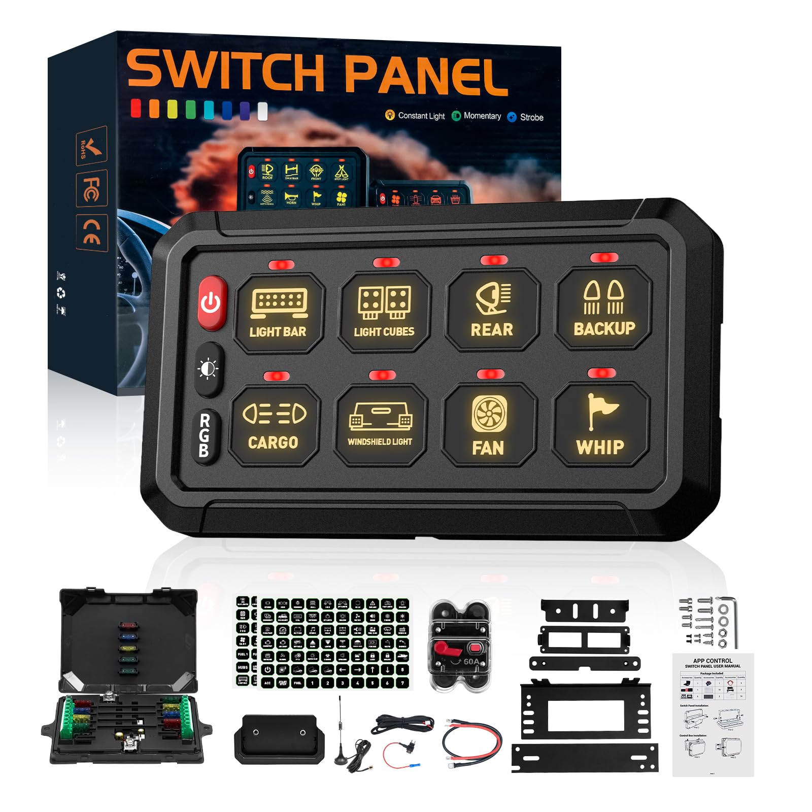 NOVSIGHT 8 Gang Switch Panel - Wireless High Power 12V Multifunction Control Panel for Trucks, Cars, ATV, UTV | Perfect for Off-Roading, Camping & Vehicle Customization