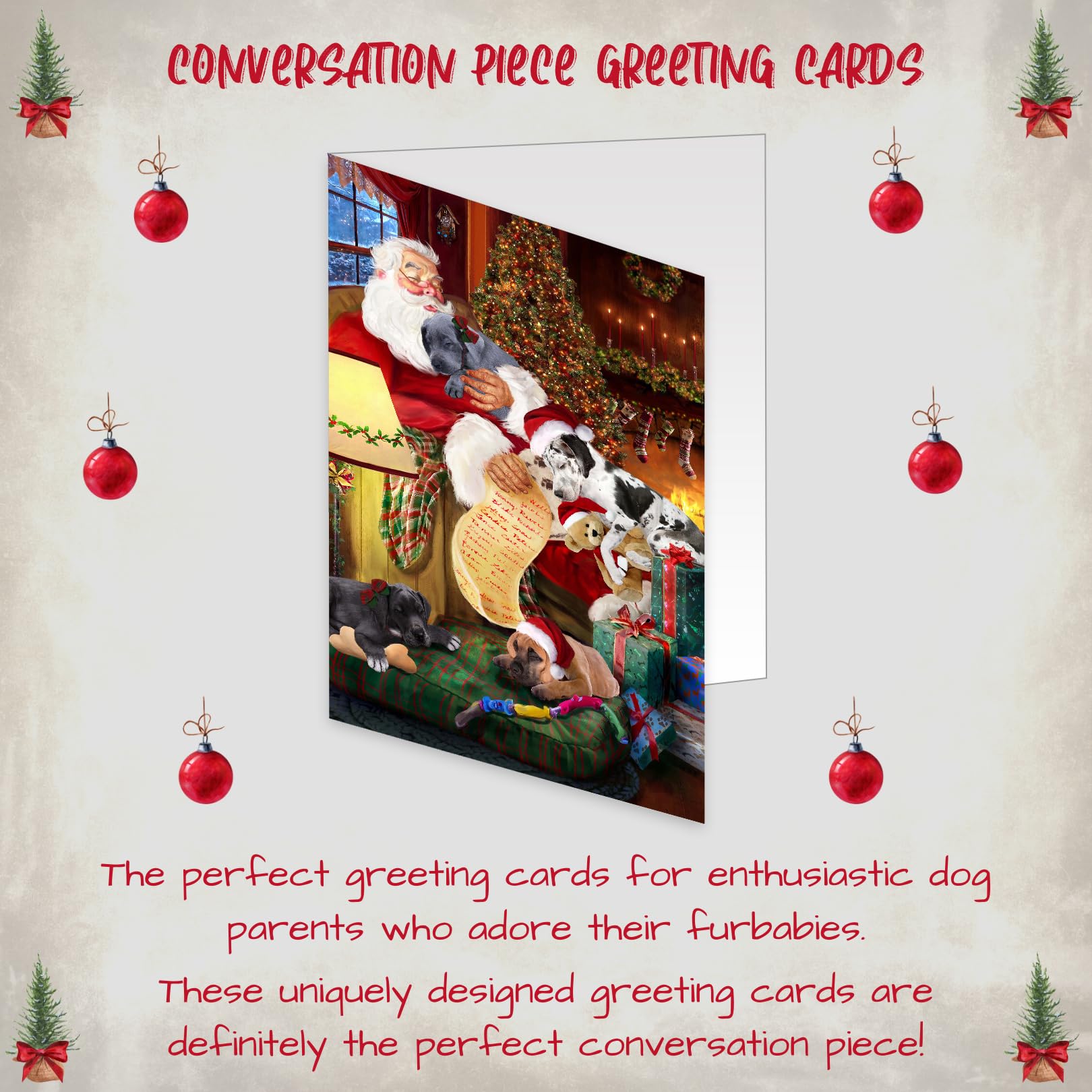 Christmas Sleeping Santa Great Dane Dog Greeting Cards - 10 Adorable Pet Holiday Invitation Cards with Envelopes - Festive Pet Artwork for Christmas Gifts - Perfect for Pet Lovers, Holiday Parties & Seasonal Greetings