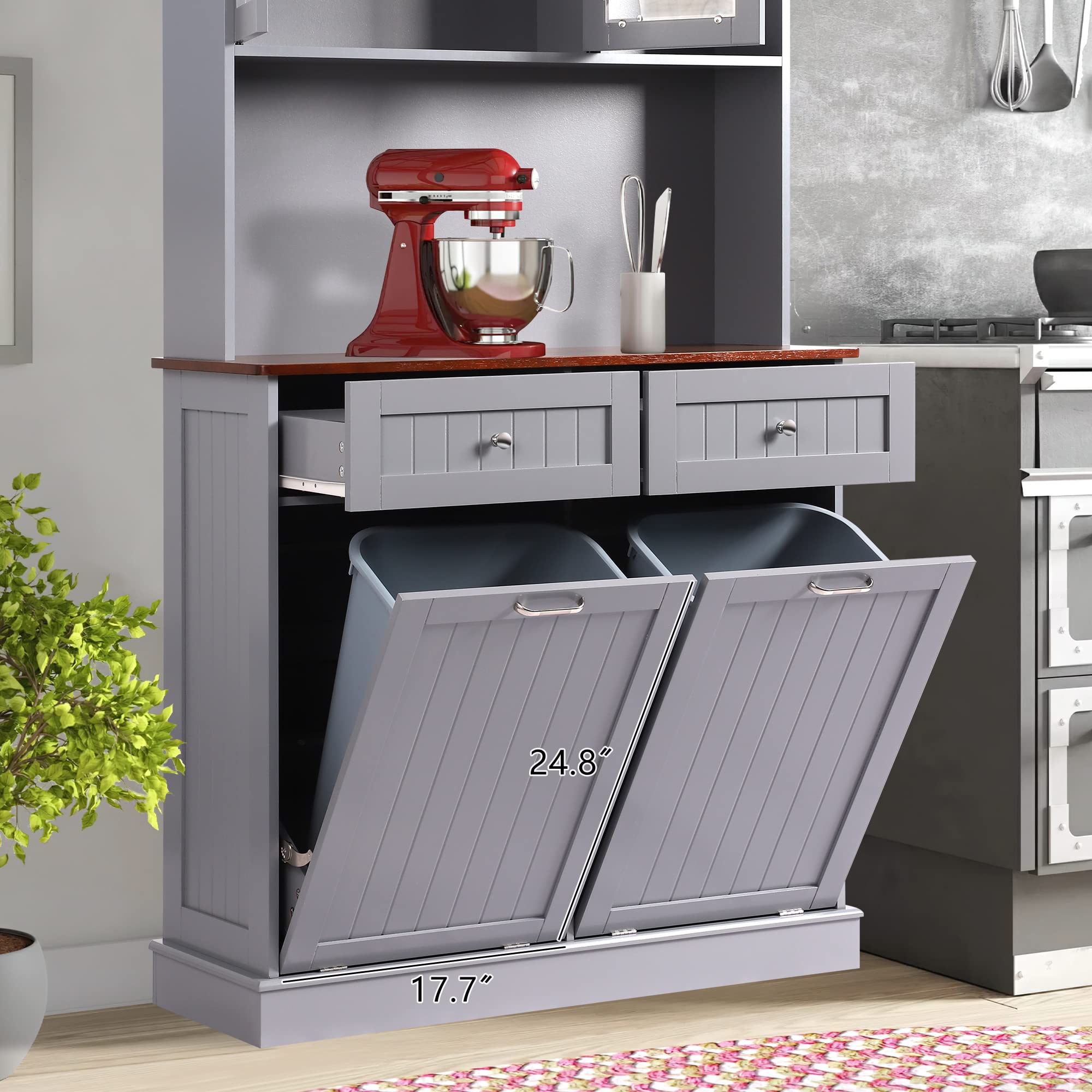 Tall Freestanding Kitchen Pantry Storage Cabinet with Microwave Shelf & Tilt-Out Trash Bin - Grey Kitchen Hutch for Small Spaces | Perfect for Apartments, Condos & Compact Kitchens