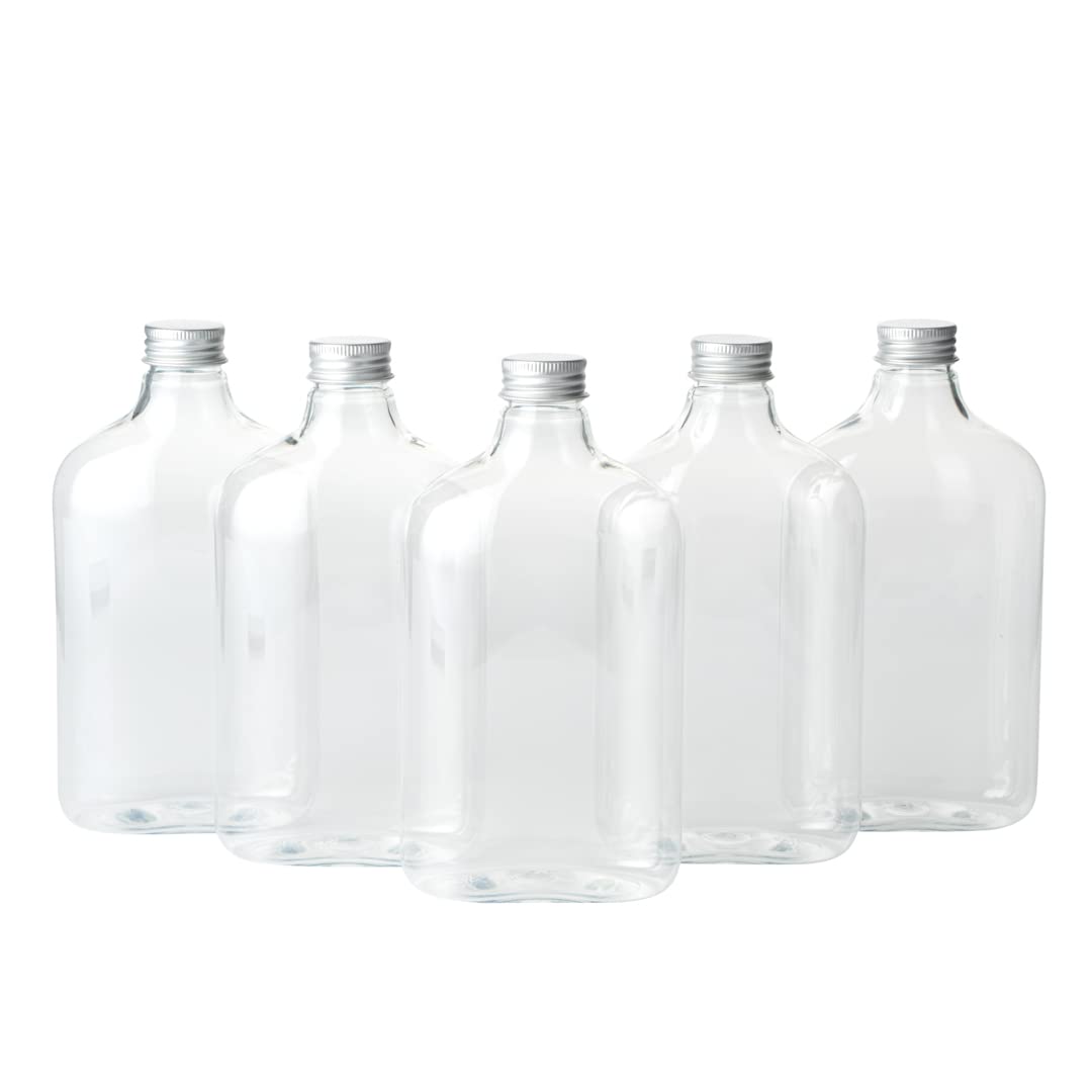 Restaurantware Bottle Tek 16.9oz Empty Plastic Liquor Bottles (100-Pack) - Clear Disposable Flask with Aluminum Lids for Juice, Ginger, Sauces & Party Favors | Perfect for Bars, Catering, Restaurants & Home Mixology