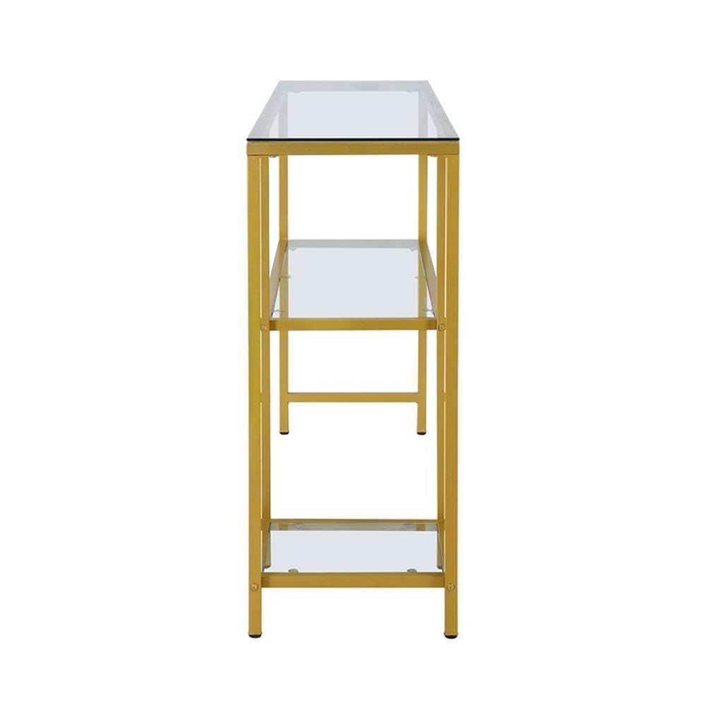 BOWERY HILL Gold Glass Console Table with Shelves - Modern Entryway, Living Room & Hallway Decor
