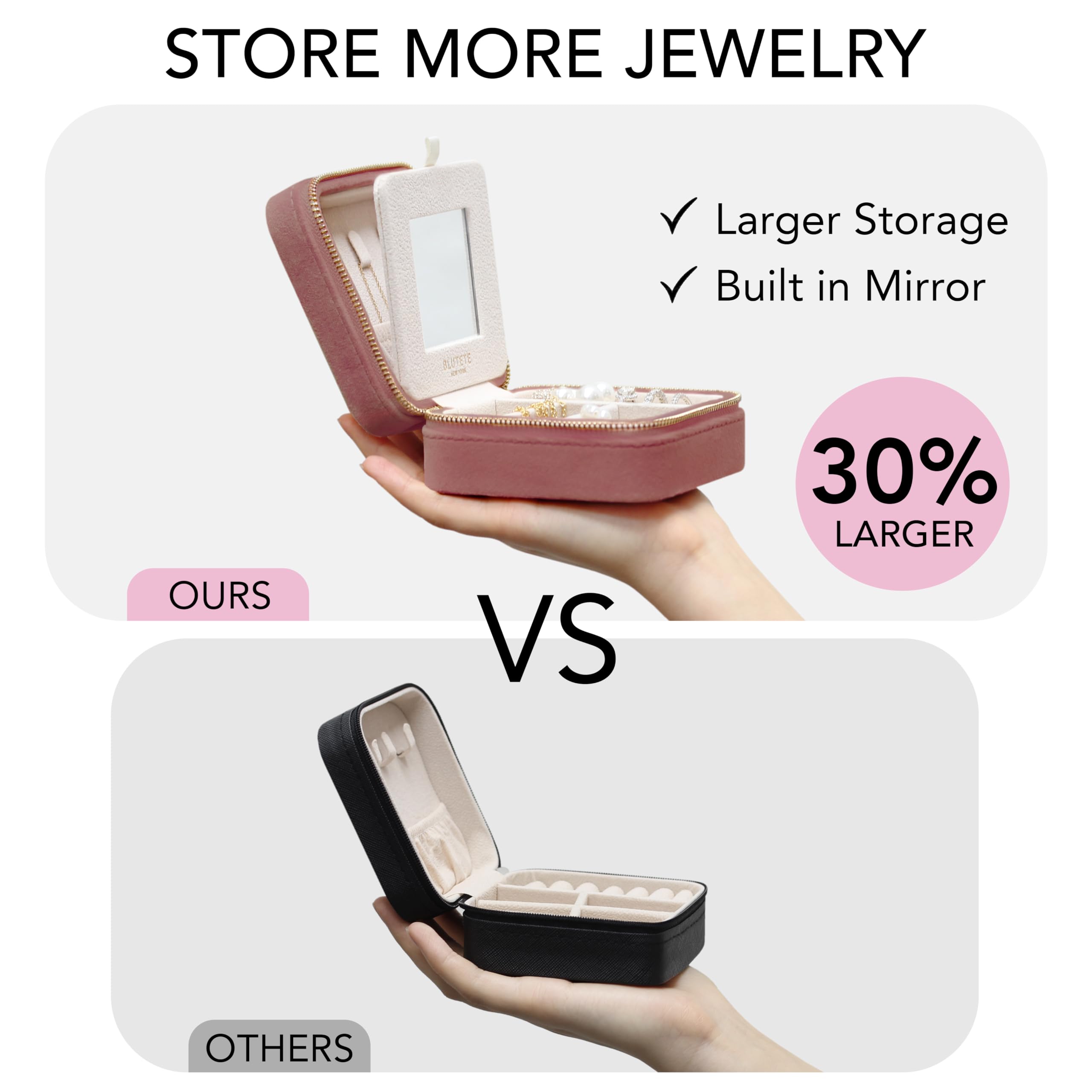 BLUTETE Travel Jewelry Organizer Box - Velvet Jewelry Case with Mirror for Rings, Earrings & Necklaces - Portable Storage for Women (Dusty Pink) | Perfect for Travel, Vacation & Daily Jewelry Organization