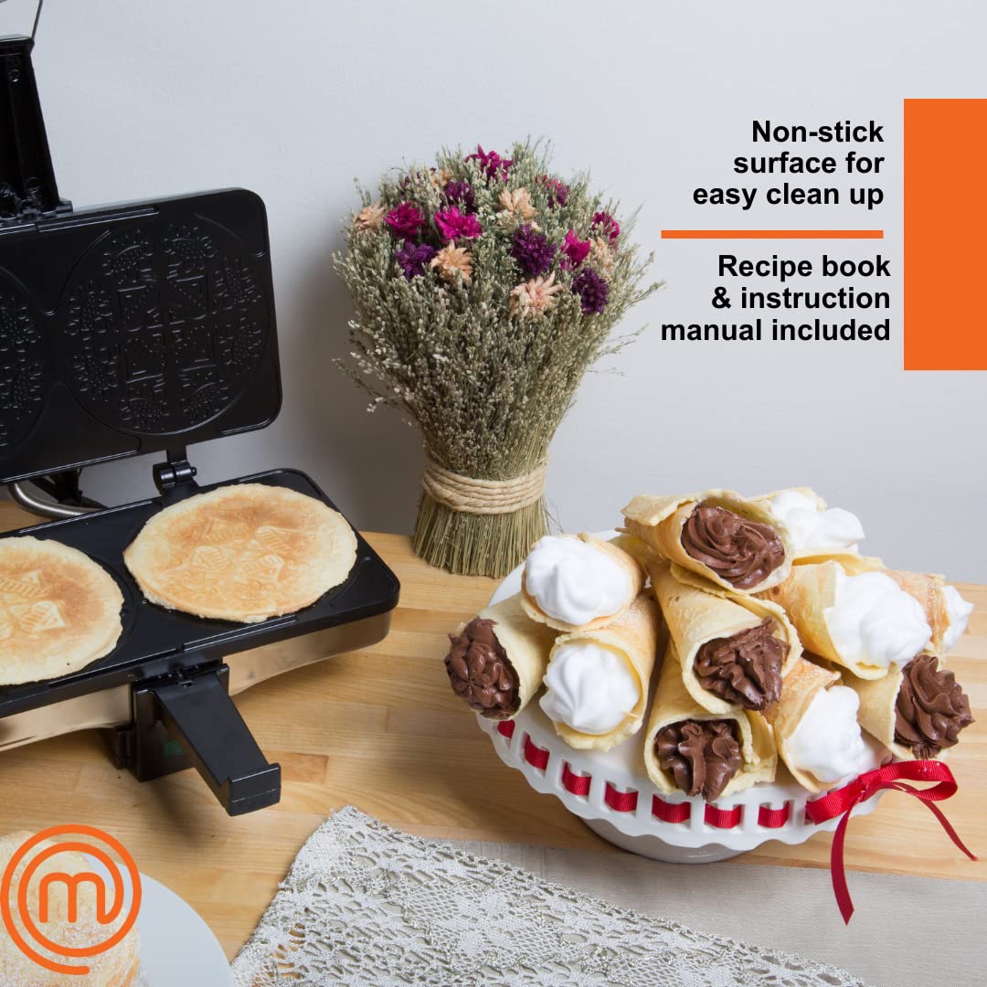 MasterChef Krumkake Baker - Electric Nonstick Iron Press for Homemade Pizzelle Cookies, Cannoli Shells & Waffle Cones - Perfect for Holiday Gifts, Family Baking & Italian Dessert Making