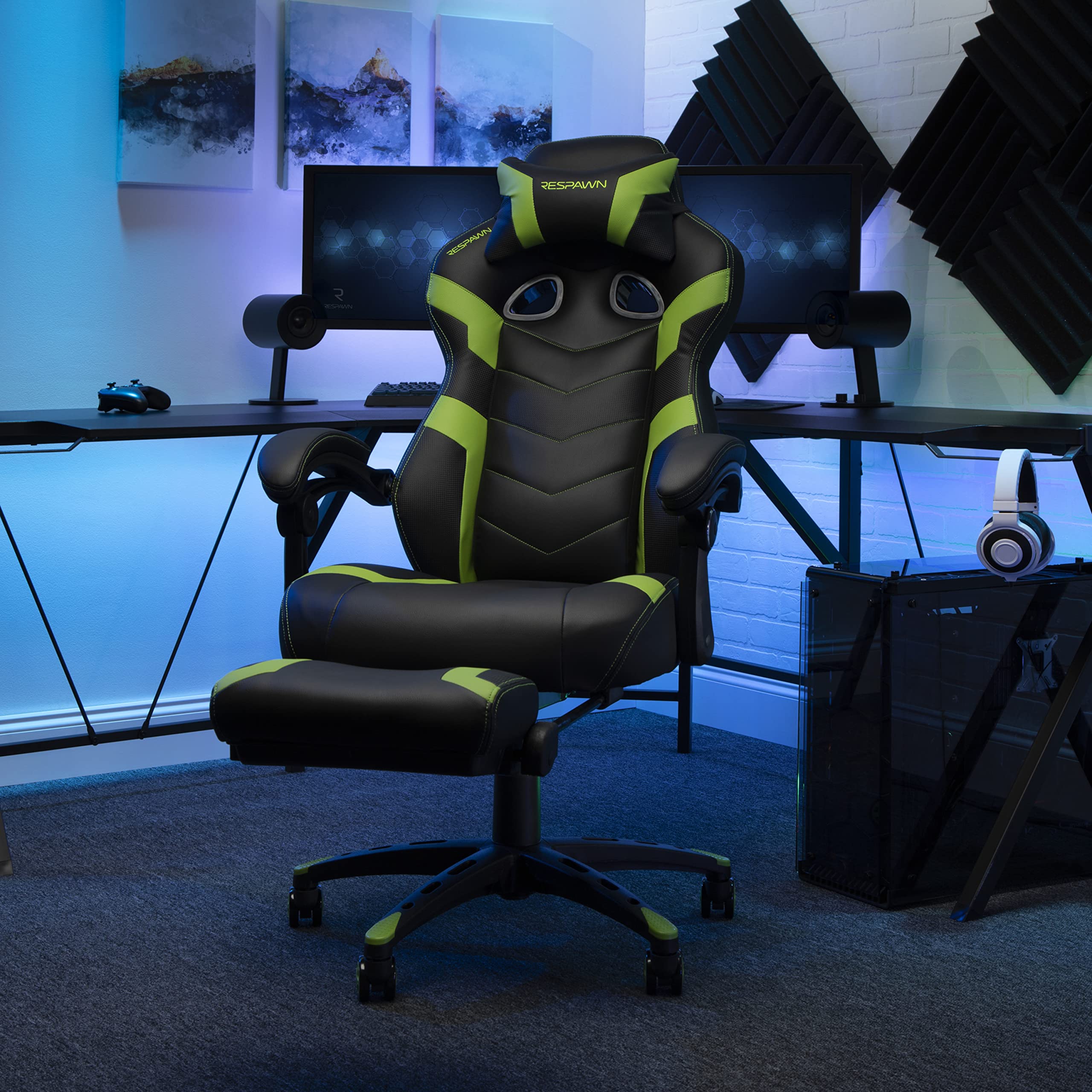 RESPAWN 110 Ergonomic Gaming Chair with Footrest Recliner - Racing Style High Back Office Chair for PC & Desk - 360° Swivel, Adjustable Lumbar Support & Headrest - Padded Armrests - Green (2021 Model) - Perfect for Gaming, Streaming & Home Office Workspace