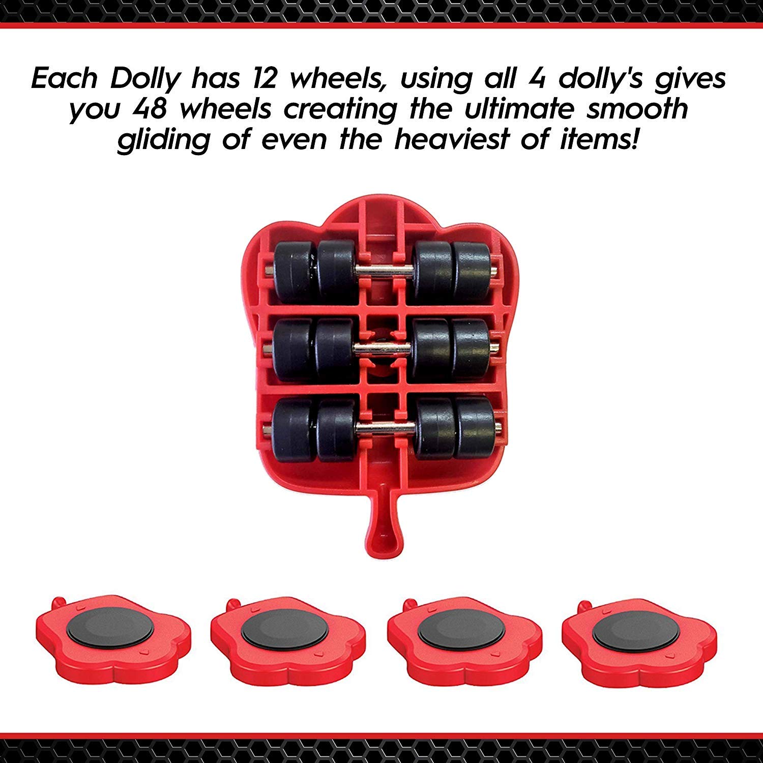 Heavy Duty Rollers - 4 Pack Sliding Furniture Movers for Sofas, Couches & Refrigerators - Appliance Moving Dolly with Non-Slip Surface (Red) - Perfect for Home Moving, Office Relocation & Warehouse Equipment Transport