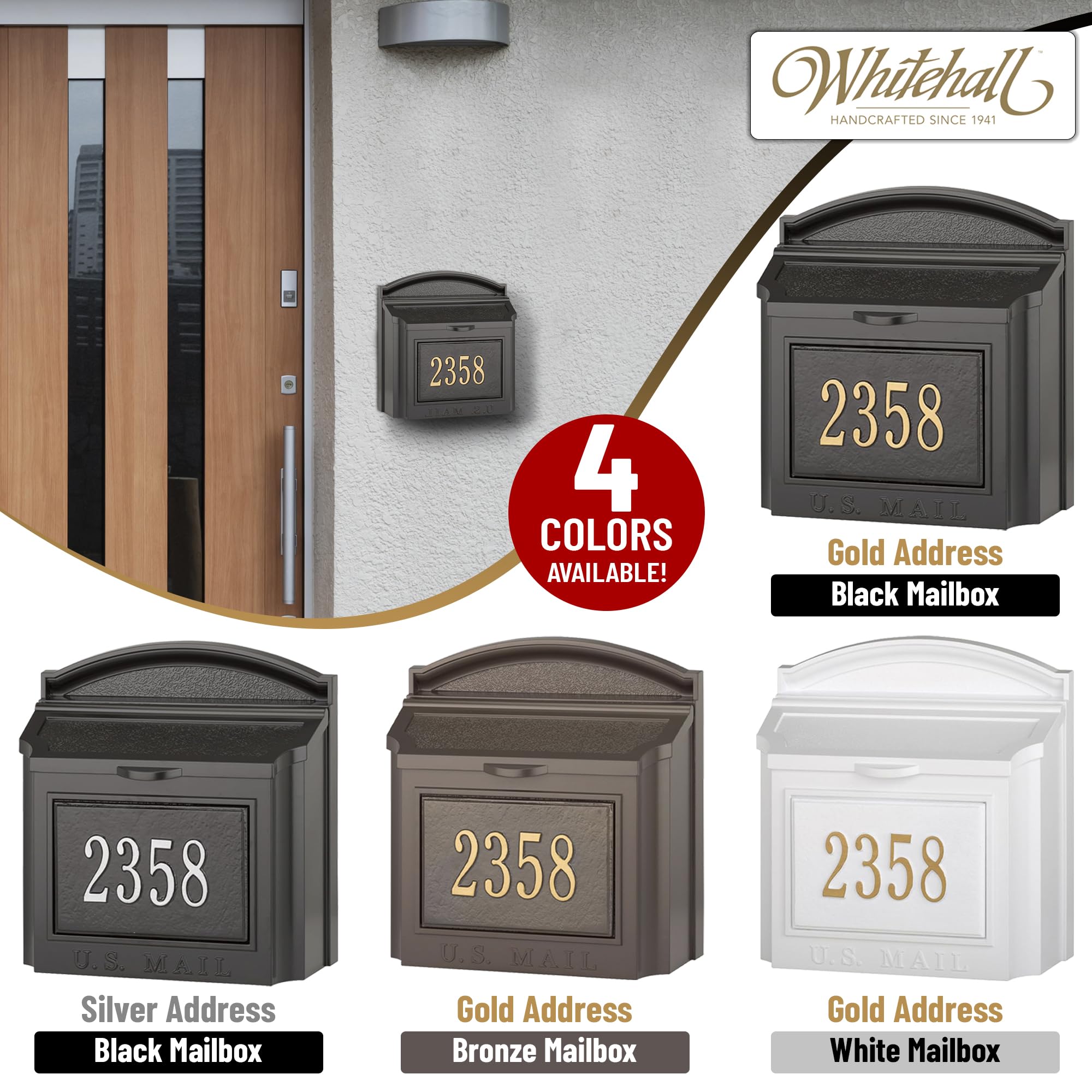 Whitehall Wall-Mounted Mailbox - Large Locking Aluminum Outdoor Mailbox in Bronze/Gold (4 Colors) | Secure Mail Storage for Homes, Apartments & Offices