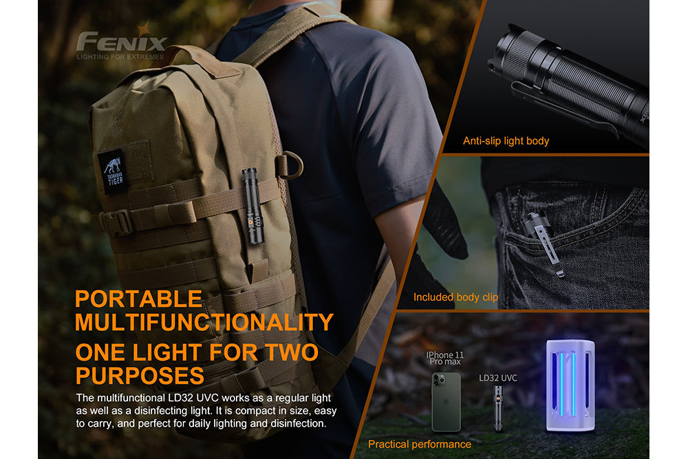 Fenix LD32 UVC Disinfection Flashlight - Portable UV Sanitizer for Home, Travel & Outdoor Use - Kills 99.9% Germs & Bacteria