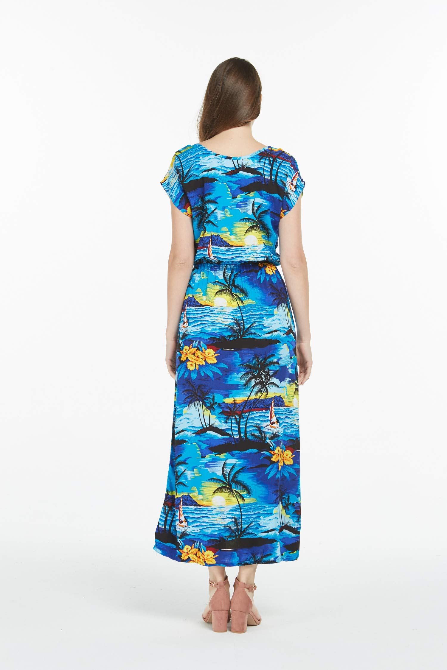 Women's Hawaiian Luau Cap Sleeve Maxi Dress - Floral Print Beach Sunset Dress for Summer Vacation, Pool Party & Tropical Getaway