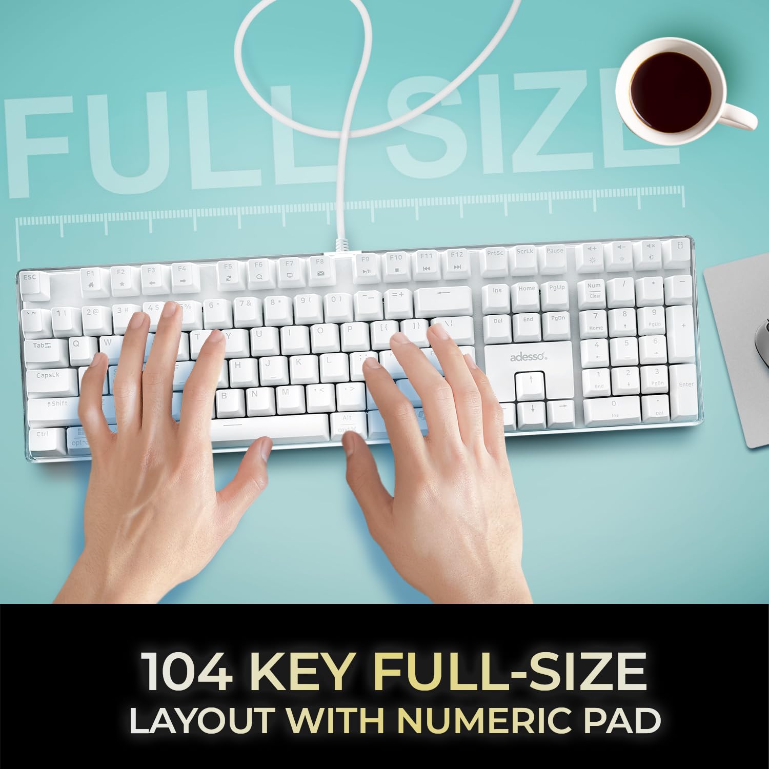 Adesso AKB 680UW Mechanical Keyboard with Copilot AI Hotkey - Brown Switch, Multi-OS Compatible (Windows/Mac/Linux) | Tactile Quiet Feel, Multimedia Keys for Enhanced Productivity - White | Perfect for Office Work, Gaming & Programming