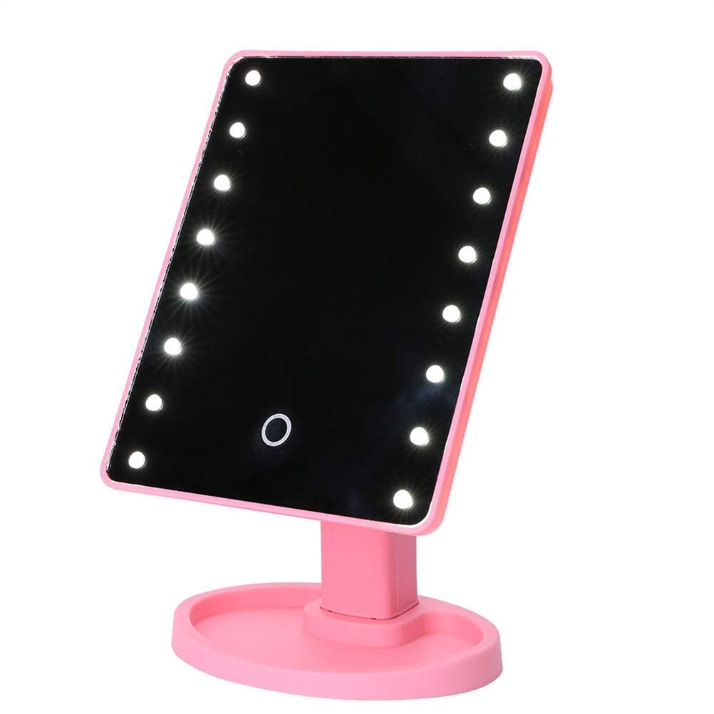 16 LED Makeup Mirror with Touch Dimmer Switch - Battery Operated Vanity Mirror with Stand for Tabletop (Pink) - Perfect for Home Dressing Table, Travel & Professional Makeup Artists