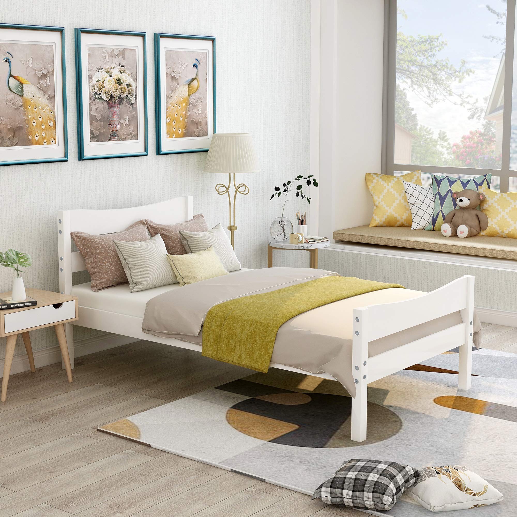 Merax Twin Size Wooden Platform Bed Frame with Headboard & Footboard - Sturdy Wooden Slat Support for Kids' Bedroom, Dorm Room, or Guest Room