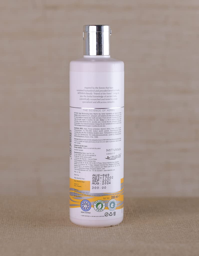 MITVANA Deep Moisturizing Body Wash with Honey & Apricot - Hydrating & Soothing Shower Gel for Soft, Supple Skin - Relaxing Body Wash for Men & Women (200ml) - Perfect for Dry Skin Care & Daily Shower Routine
