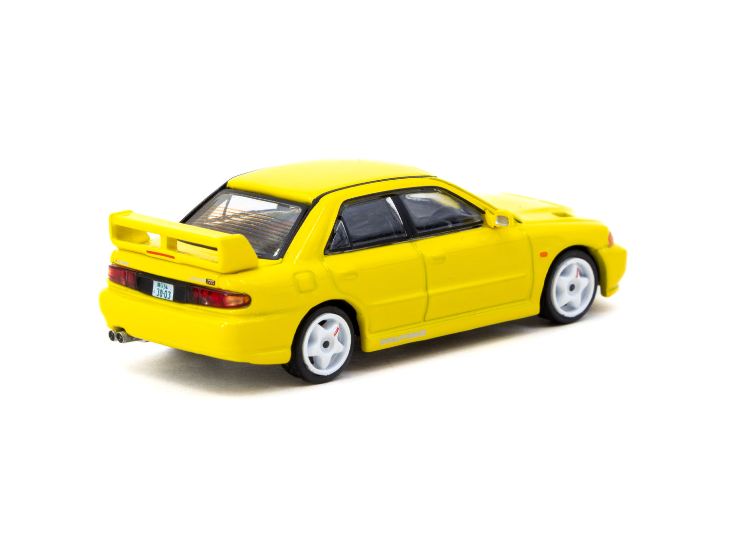 Tarmac Works 1/64 Scale Mitsubishi Lancer GSR Evolution III Diecast Model Car - Yellow with Tarmac Cards - Collectible Miniature Vehicle for Display & Racing Scenes - GLOBAL64 Series