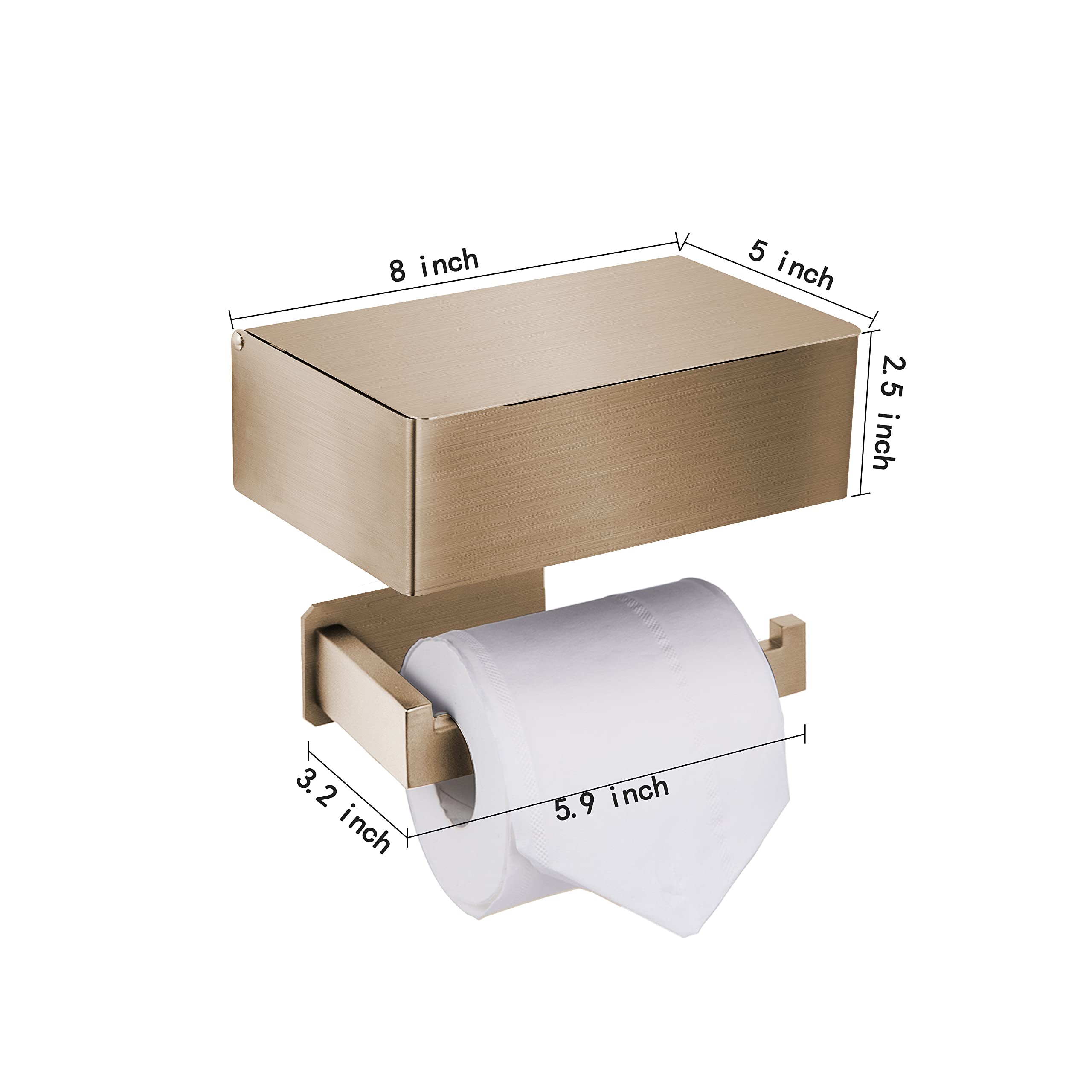 Stainless Steel Wall Mount Toilet Paper Holder with Shelf & Flushable Wipes Dispenser - Gold Square Bathroom Tissue Storage Organizer for Modern Home Decor (Perfect for Small Bathrooms, Powder Rooms & RVs)