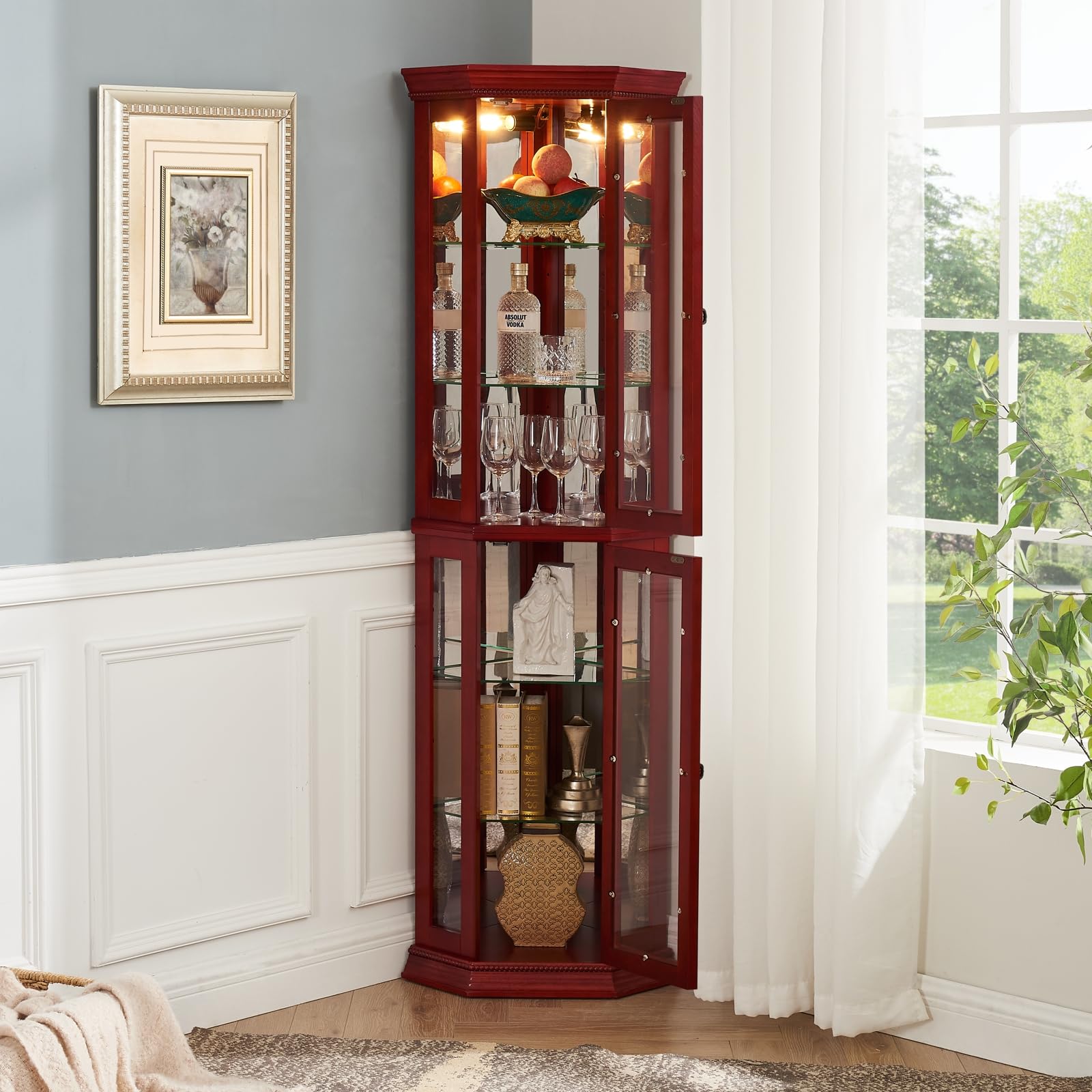 Lighted Glass Door Curio Cabinet with Adjustable Shelves - Tall Wooden China Display Cabinet for Corner, Bar & Liquor Storage - Cherry Finish Living Room Furniture for Home Decor & Collectibles Display