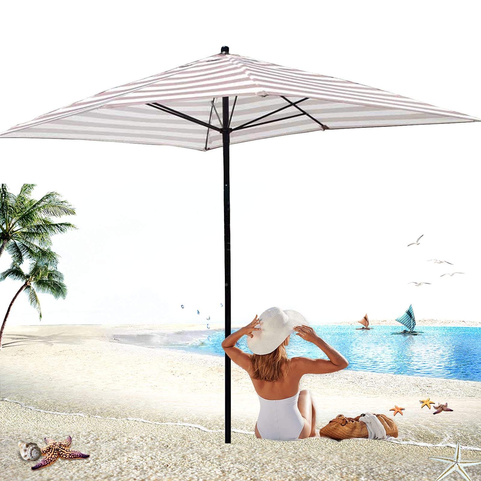 OOOMG 200cm White Striped Beach Umbrella - Portable Rectangle Sun Shade for Outdoor Travel, Pool, Garden, Balcony & Patio | UV Protection for Summer Relaxation