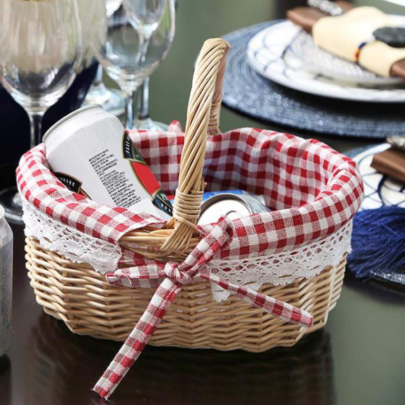 Handmade Woven Willow Picnic Basket with Handle - 10.2 x 7.9 x 11 Inch Oval Storage Hamper for Candy, Fruits, Bread - Perfect for Camping, Hiking, Beach Outings & Wedding Decor