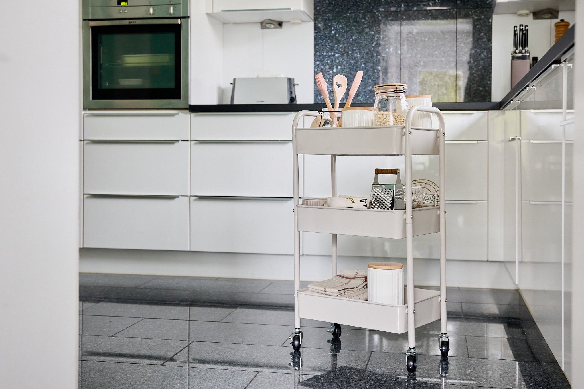 3 Tier Rolling Cart with Wheels - Grey Metal Utility Cart for Kitchen, Office, Bathroom Storage & Organization - Perfect for Home, Dorm, Salon Use