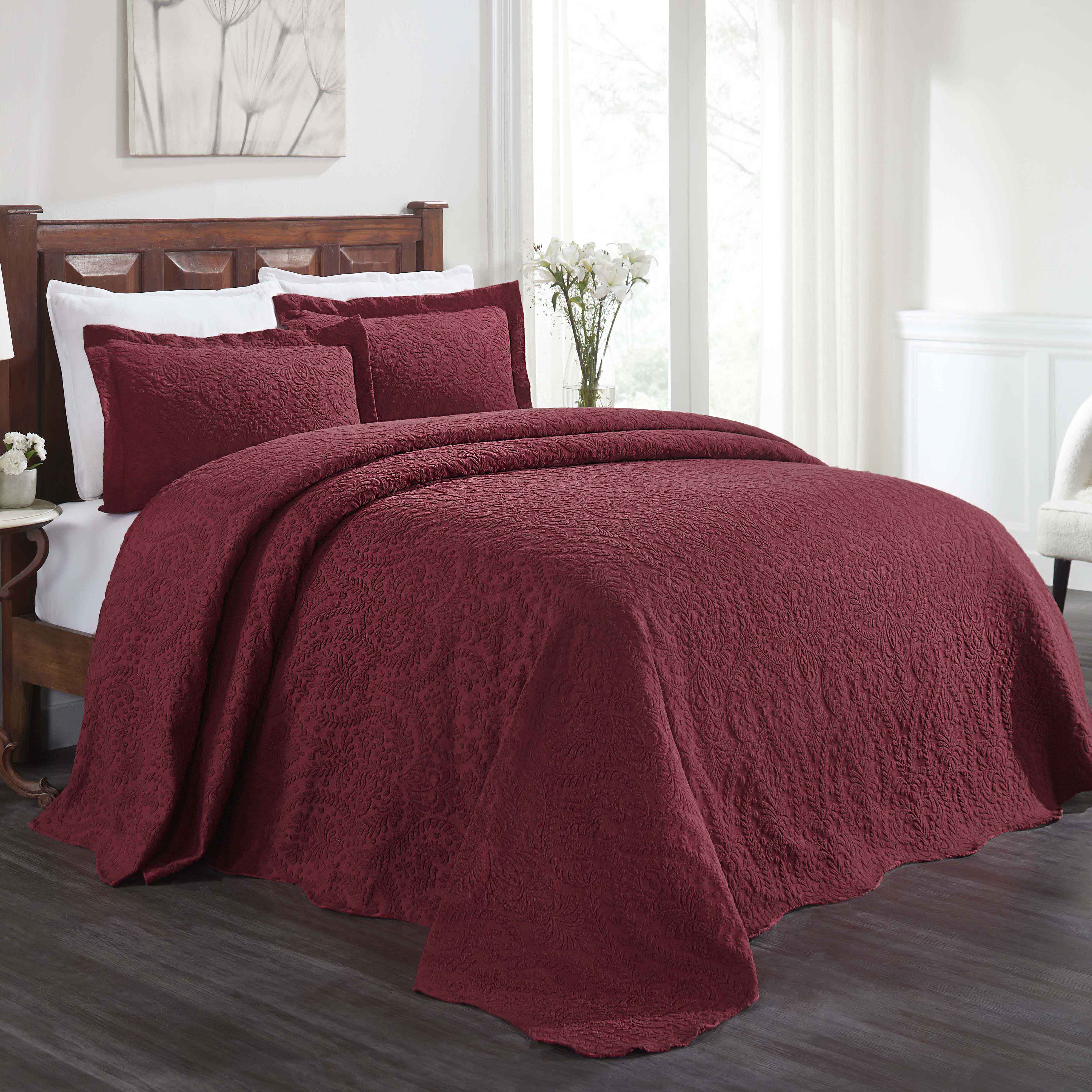 Premium Aspen Cotton Blend Jacquard Woven Floral Bedspread Set with Scalloped Edges - Queen Size Luxury Bedding for Master Bedroom & Guest Room Decor