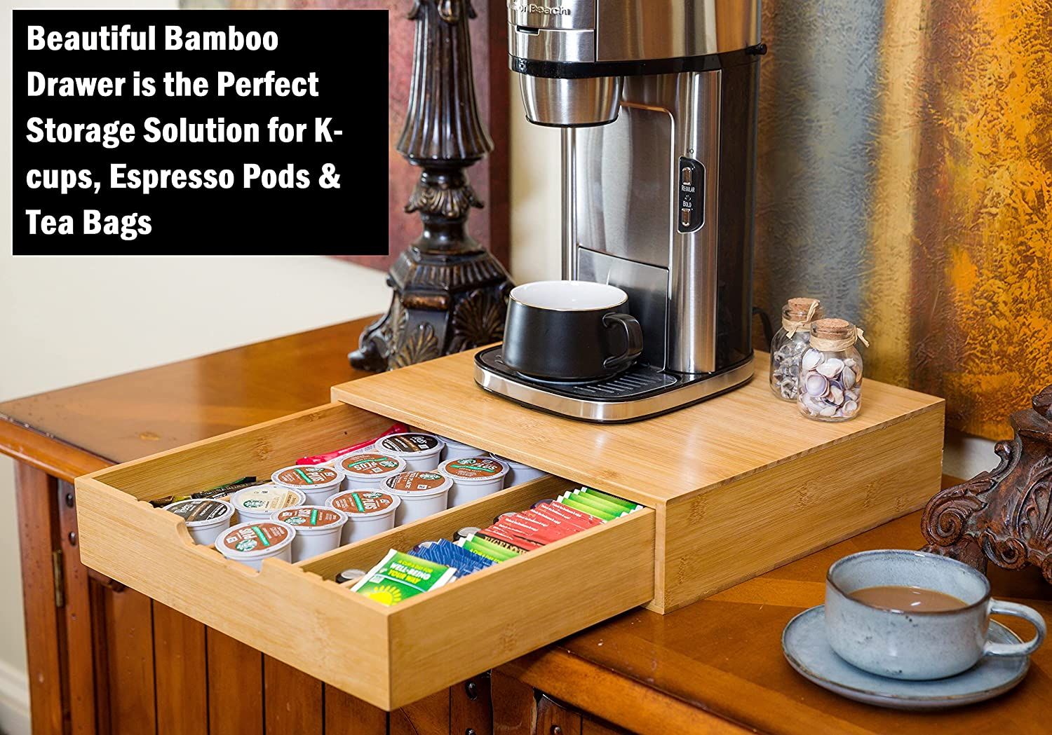 Bamboo K Cup Coffee Pod Holder Organizer - Storage Rack for Keurig Pods, Jewelry & Cosmetics - Perfect for Kitchen Countertop, Bathroom & Vanity Organization