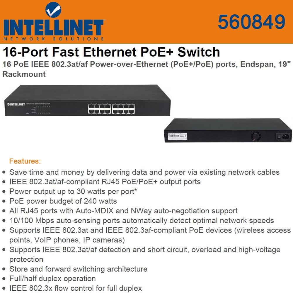 Intellinet 16-Port Gigabit PoE+ Rackmount Switch (560849) - High-Speed Network Switch for Office, Home & Business Use
