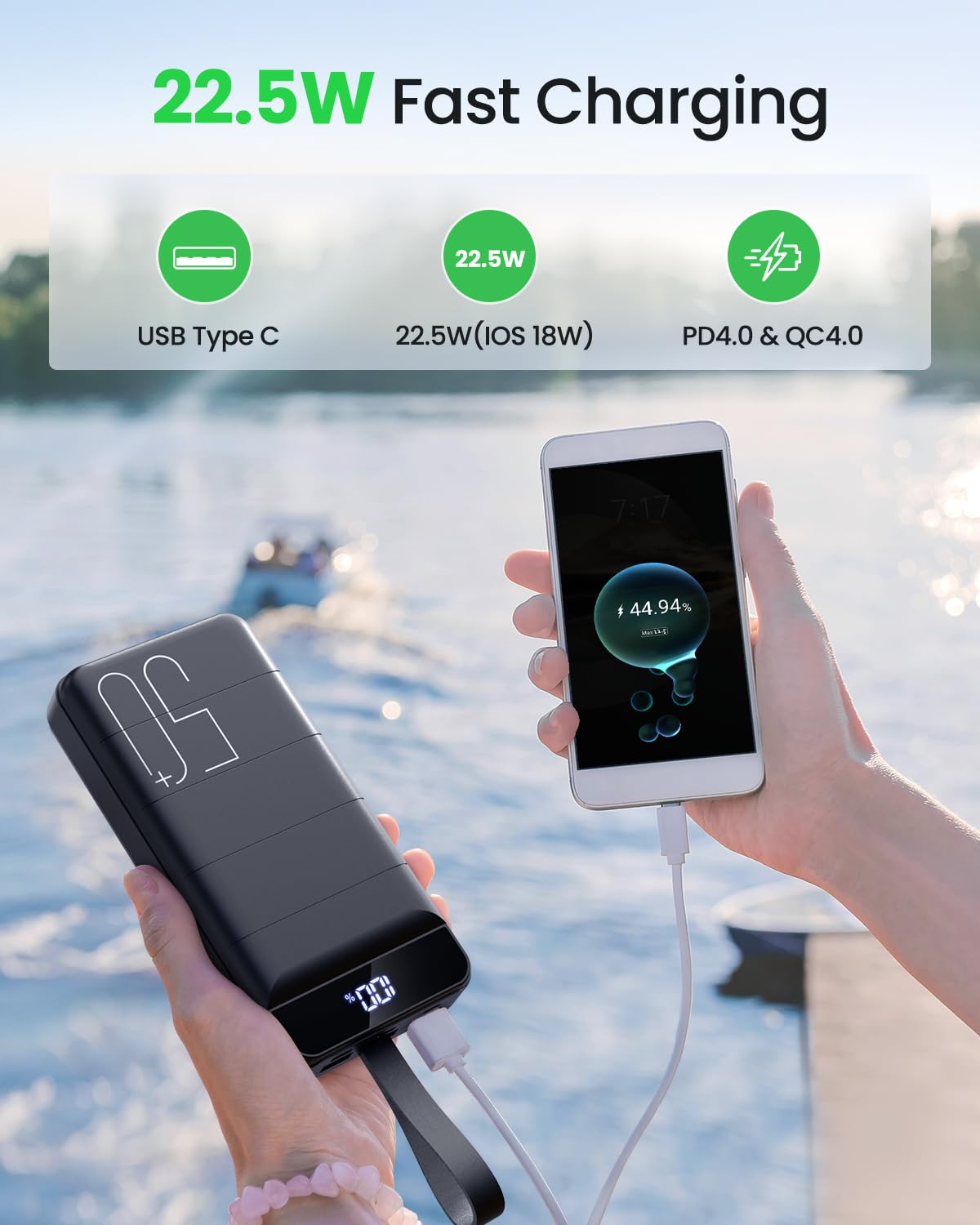 **50000mAh Power Bank Fast Charging 22.5W - Portable USB C Quick Charger with 4 Outputs & 3 Inputs, LED Display, High Capacity External Battery Pack for iPhone, Samsung, iPad, Laptops - Perfect for Travel, Camping, and Emergency Backup**