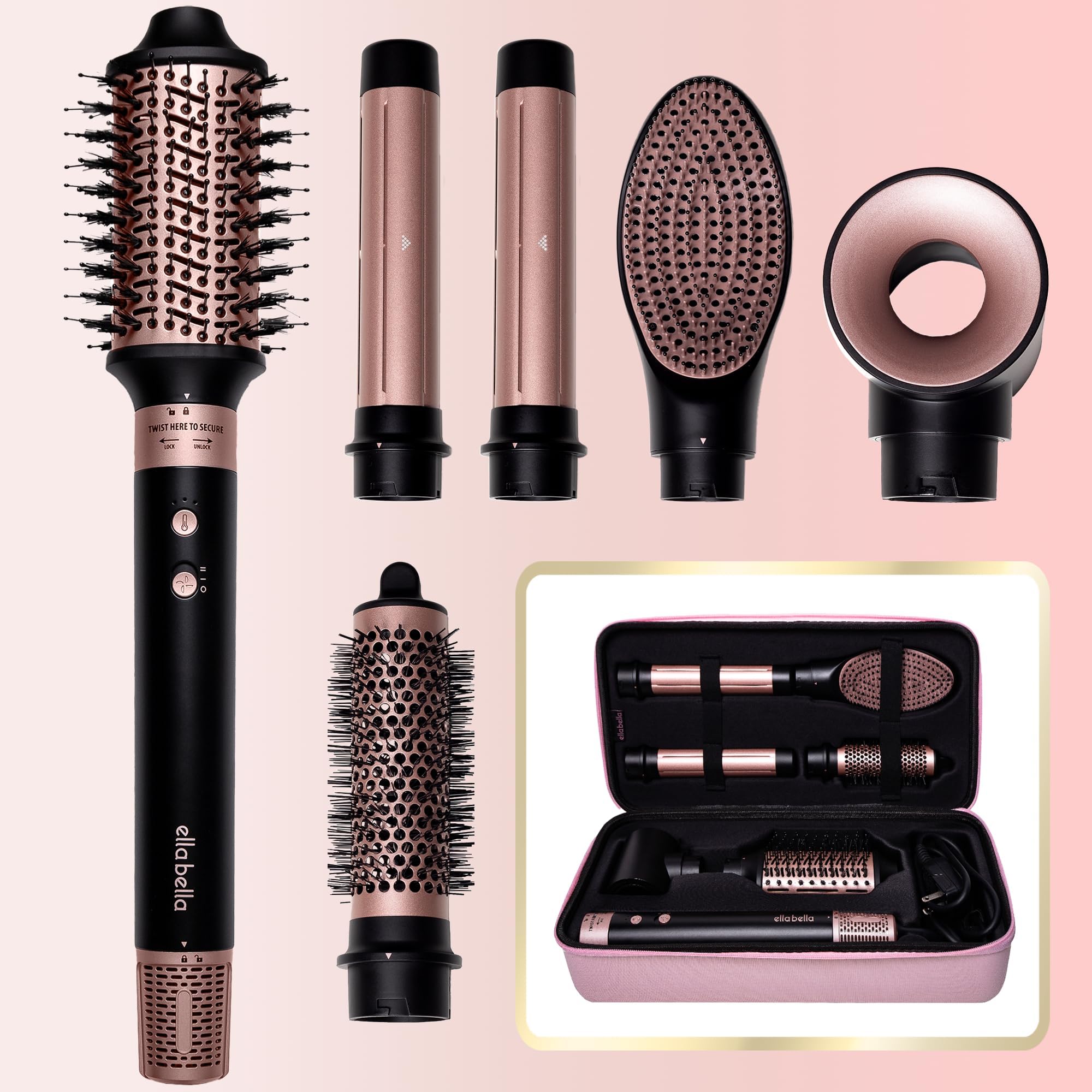 ELLA BELLA® 6-in-1 Professional Hot Air Styler & Hair Dryer Set - Ionic Hair Straightener & Curling Iron with Heat Protection - Fast Drying for Voluminous & Smooth Hair - Includes Travel Case - Perfect for Home Use, Salon Styling & Travel Accessories