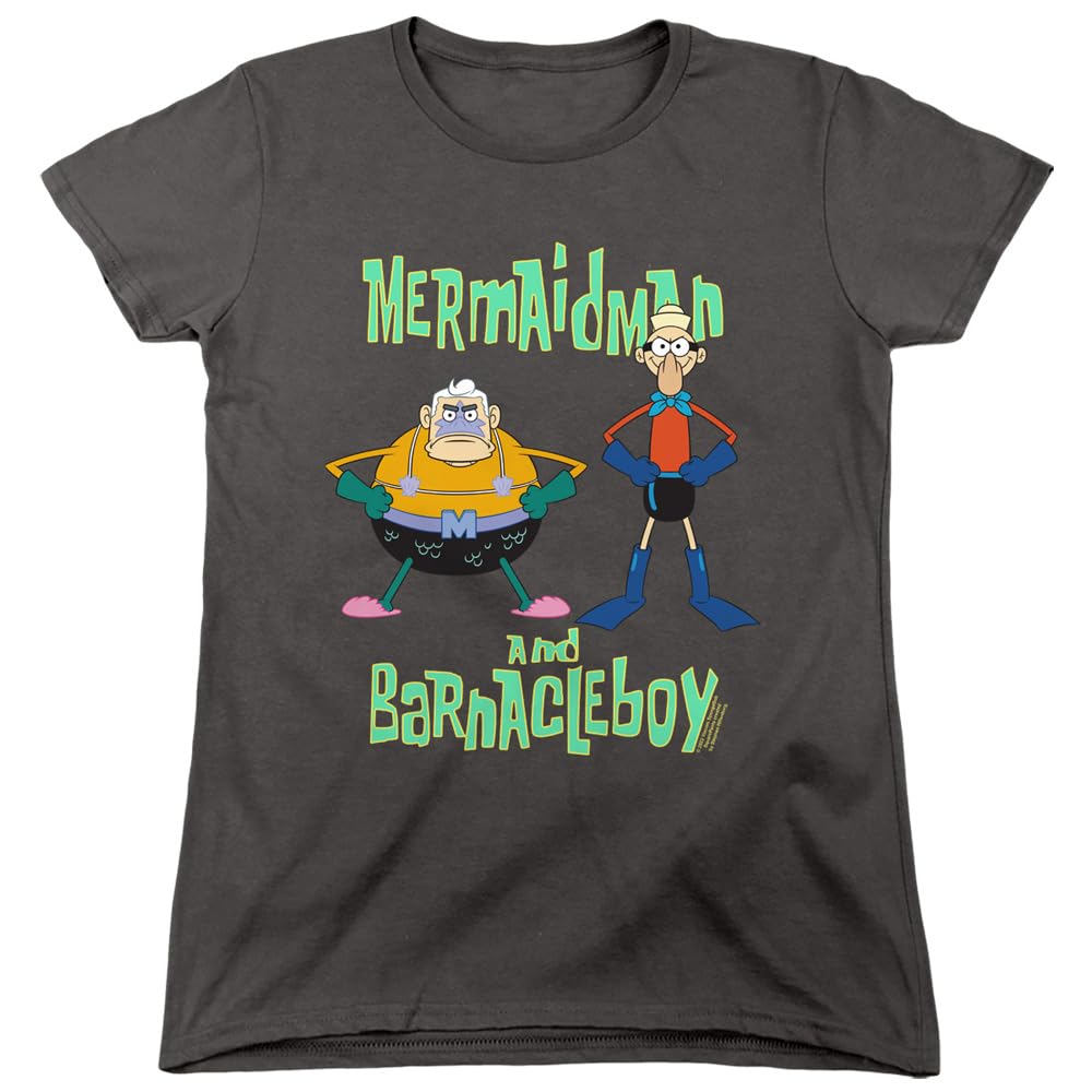 Popfunk Classic SpongeBob Mermaid Man & Barnacle Boy Graphic Women's T-Shirt | Cartoon Character Tee | Casual Wear & Cosplay Outfit