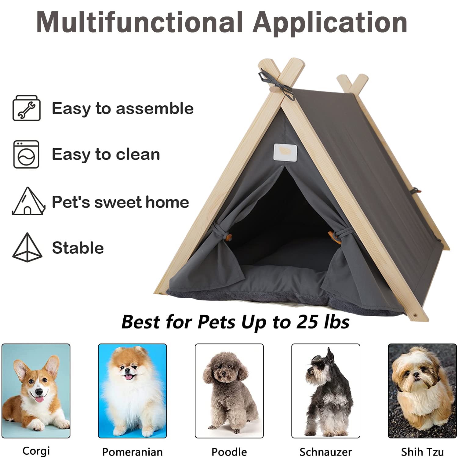 Washable Pet Teepee Tent for Small Dogs & Cats Under 25lbs - Portable Puppy Bed with Thick Cushion for Indoor & Outdoor Use - Cozy Hideaway for Napping, Travel, and Playtime