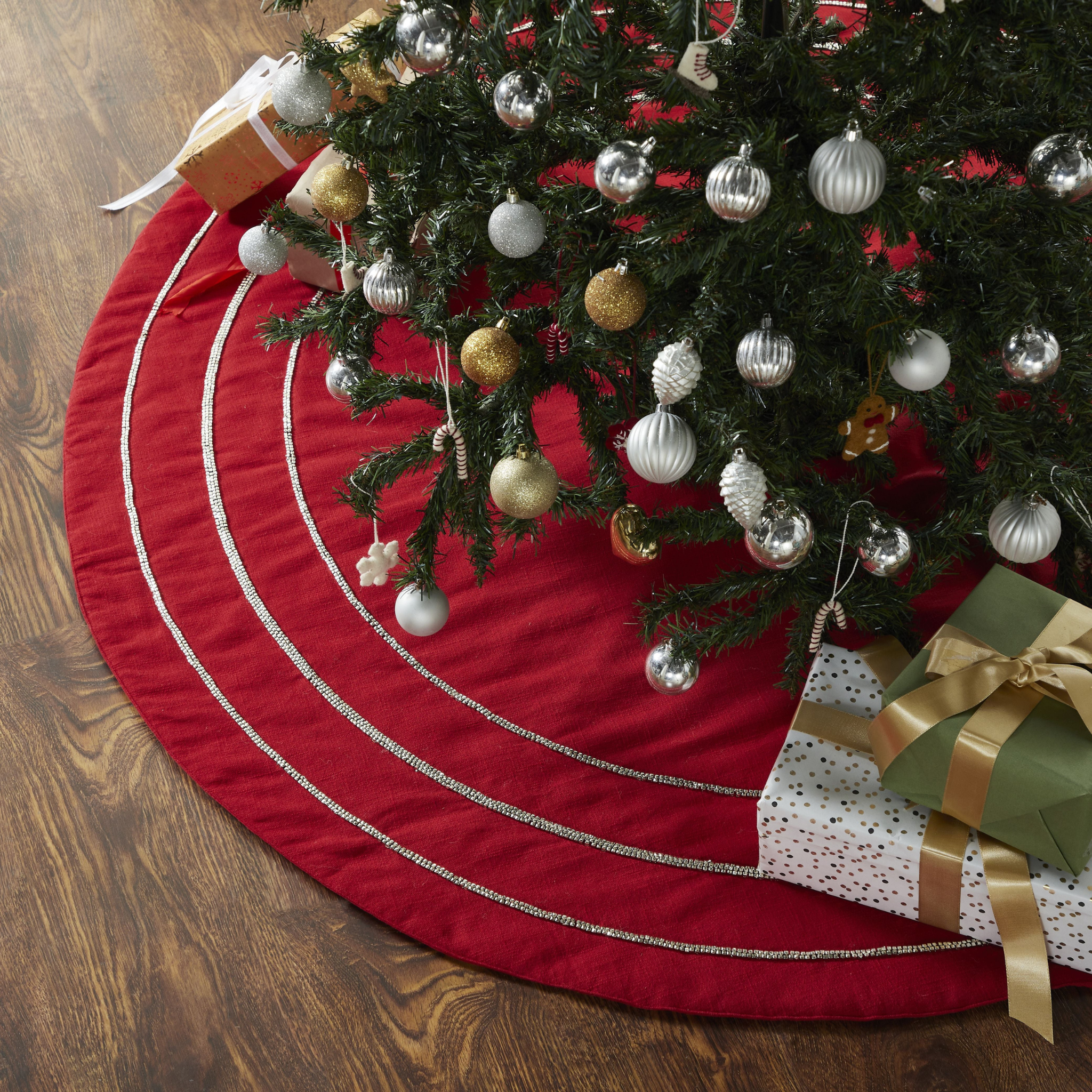 60 Concentric Nailhead Circles Christmas Tree Skirt - Red Linen Holiday Tree Skirt for Xmas Decorations, Perfect for Living Room, Fireplace & Festive Home Decor