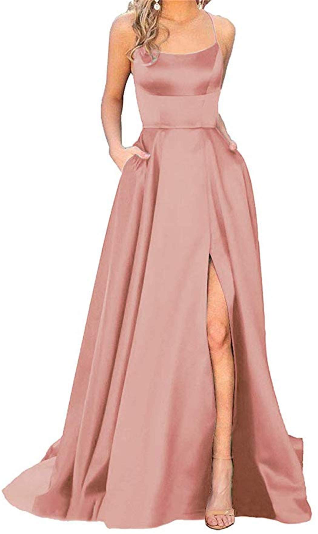 Elegant Spaghetti Straps Halter Prom Dresses - Long A-Line Formal Gowns with Side Slit & Pockets | Perfect for Homecoming, Evening Parties & Special Occasions
