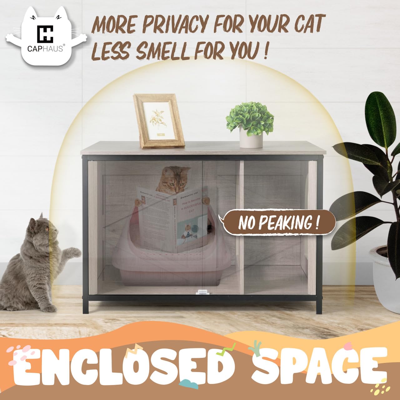 CAPHAUS White Wooden Cat Litter Box Furniture with Divider - Hidden Flip-Top Enclosed Washroom for Large Cats - Indoor Cat House with Double Doors & Metal Frame - Perfect for Small Spaces & Home Decor