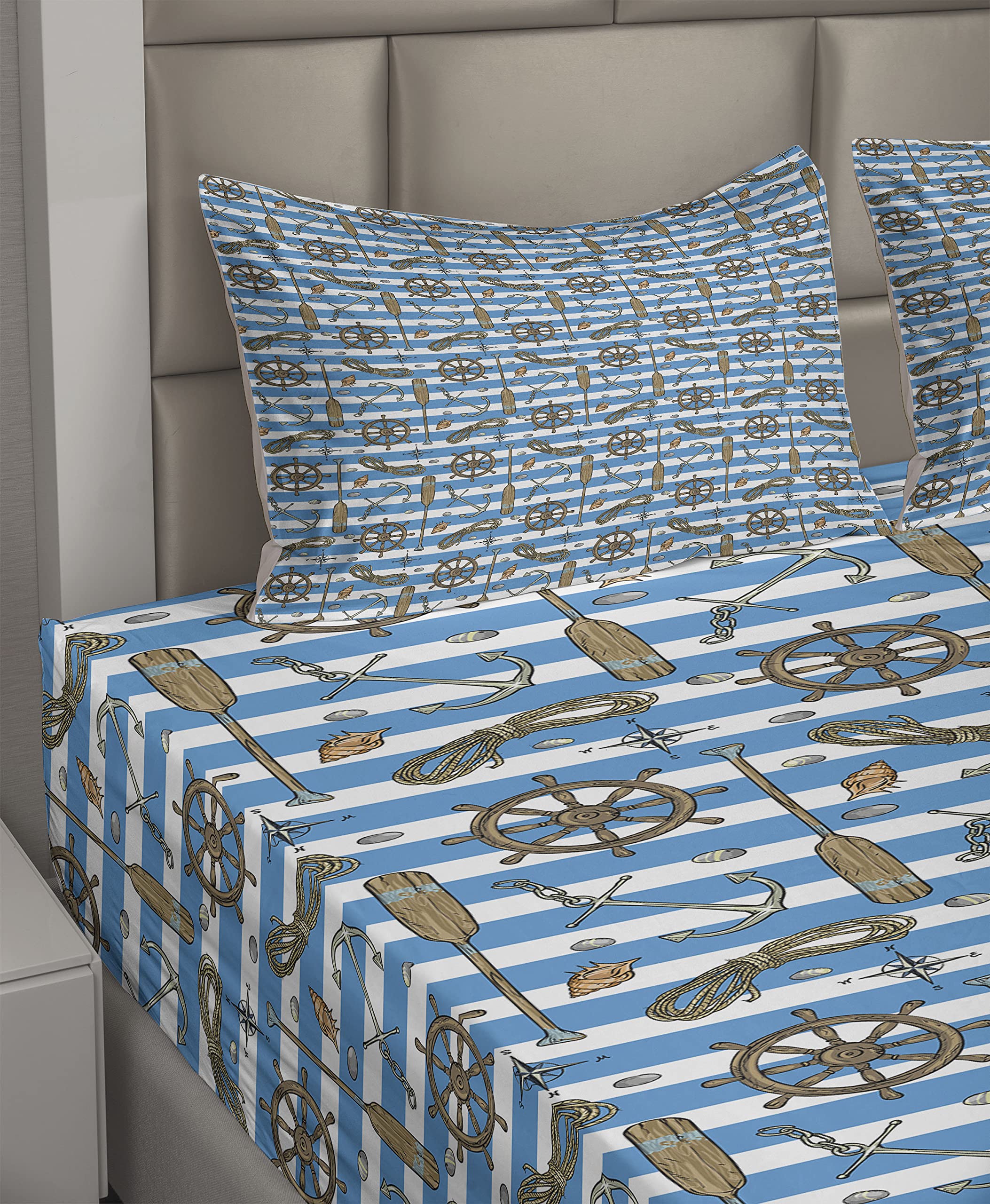 Ambesonne Nautical Queen Size 4-Piece Sheet Set - Sailor Stripes Design with Fitted Sheet, Flat Sheet & 2 Pillowcases - Cruise & Maritime Themed Bedding in Brown Blue White | Perfect for Beach House, Boat Cabin or Nautical Nursery Decor