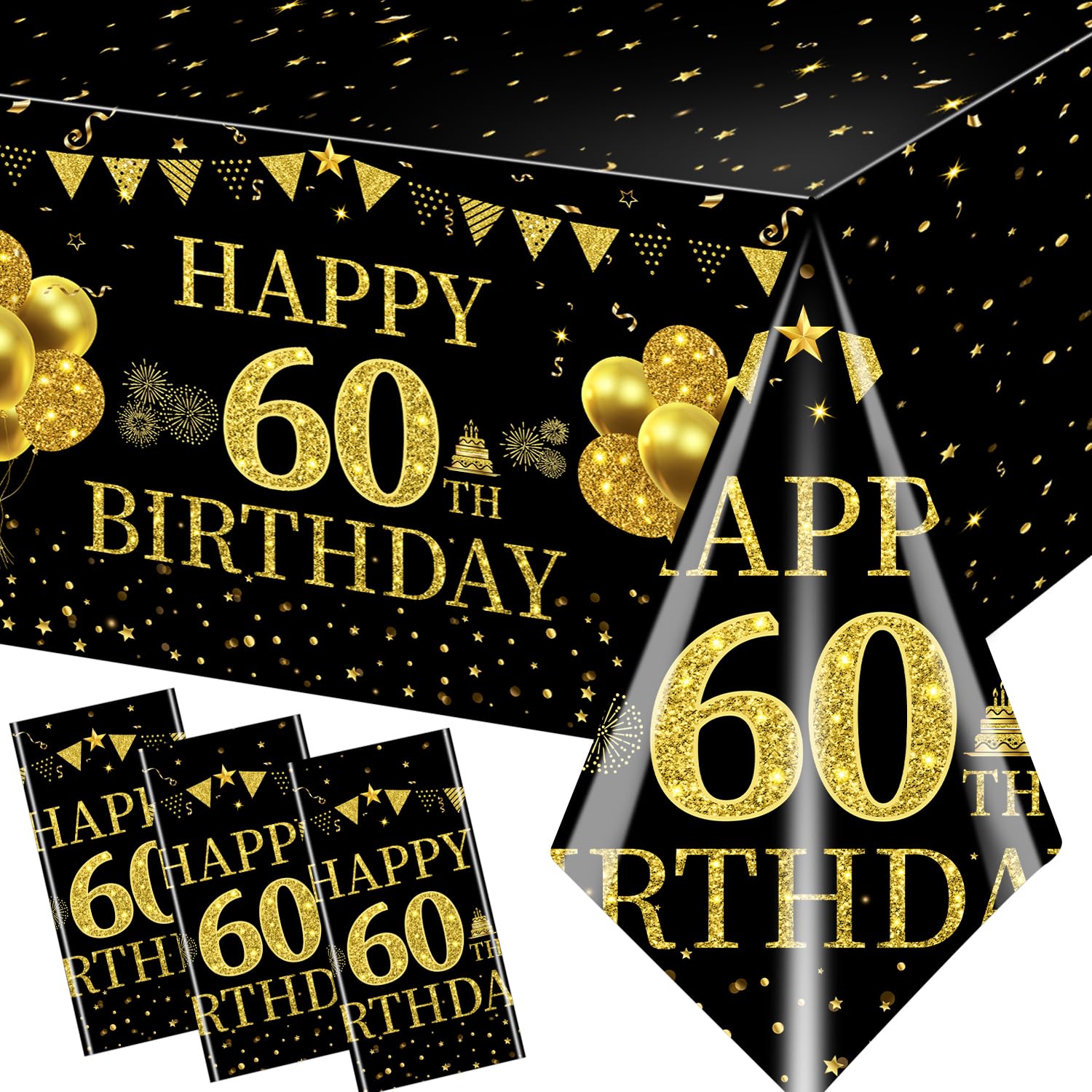 3Pcs Black and Gold 60th Birthday Tablecloth Set - Elegant Rectangle Table Decor for 60 Year Old Birthday Party, Anniversary Celebration & Retirement Party Decorations - Perfect for Dining Table, Buffet Table, and Dessert Table Setup