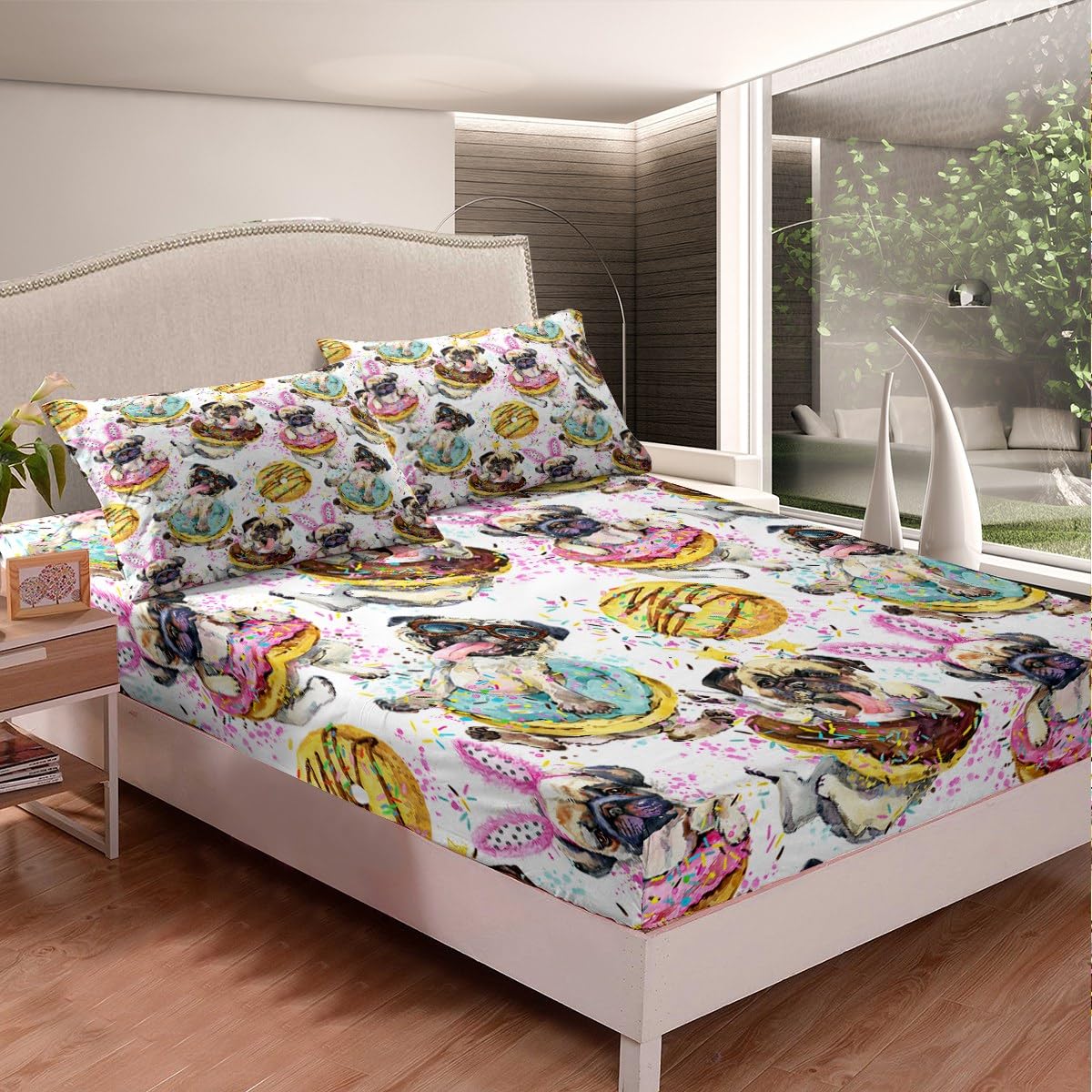 **Erosebridal Dog Bedding Set - Deep Pocket Dessert Donuts Fitted Sheet for Kids, Boys & Girls - Cute Puppy Twin XL Sheet Set with Pug Animal Confetti (2-Piece Set, 1 Pillowcase, No Flat Sheet) - Perfect for Kids' Rooms, Themed Bedrooms & Pet Lovers**