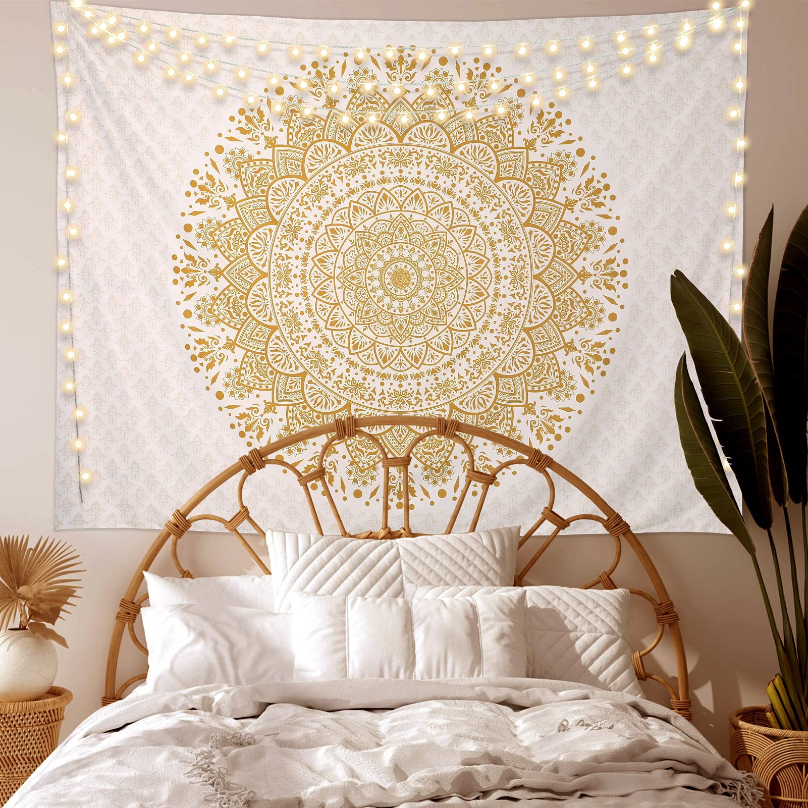 Edeesky White and Gold Mandala Tapestry Wall Hanging - Boho Chic Home Decor for Living Room, Bedroom, Dorm - Perfect for Meditation Spaces, Yoga Studios & Festival Decor